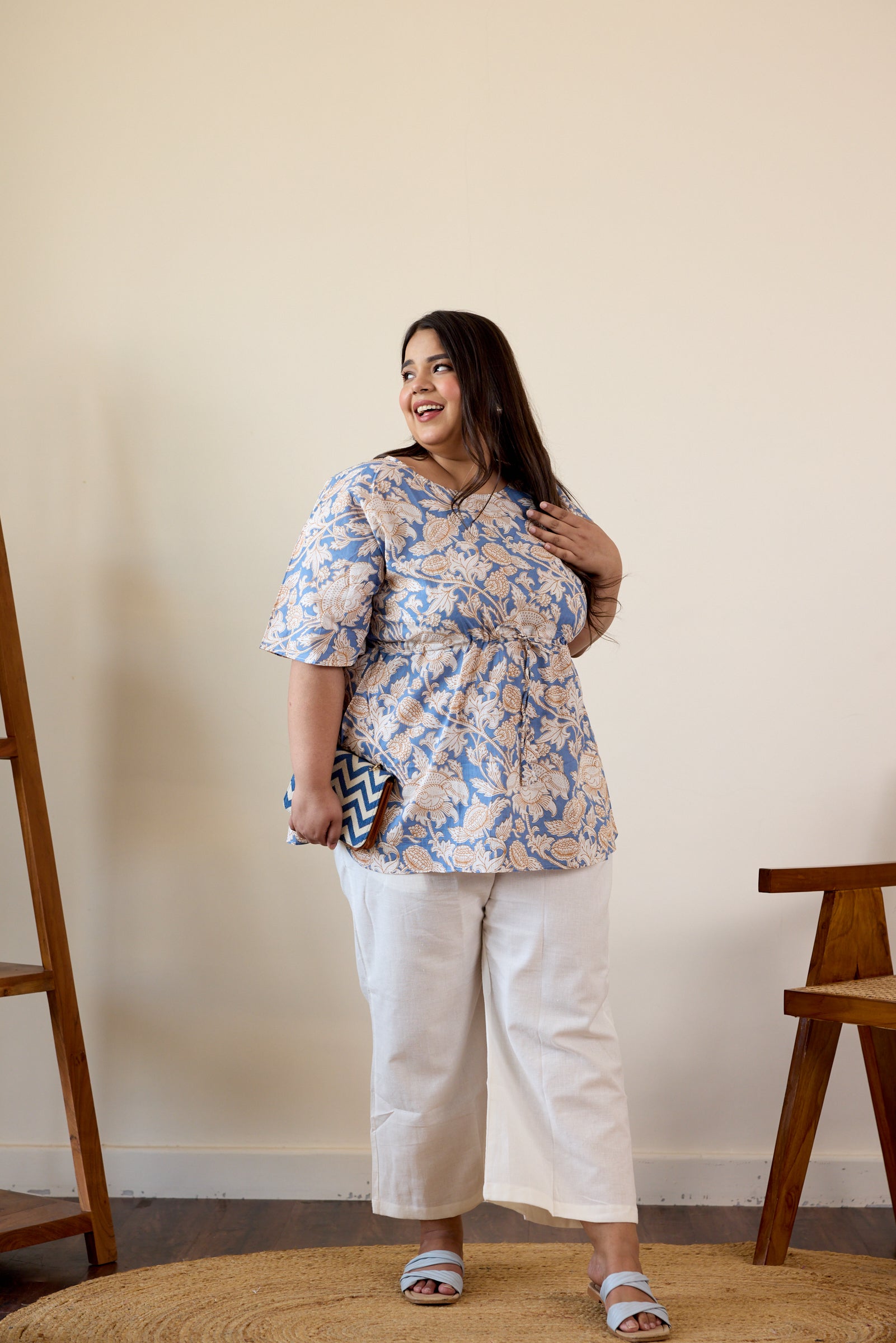 Blue Cotton Printed Drawstring Top