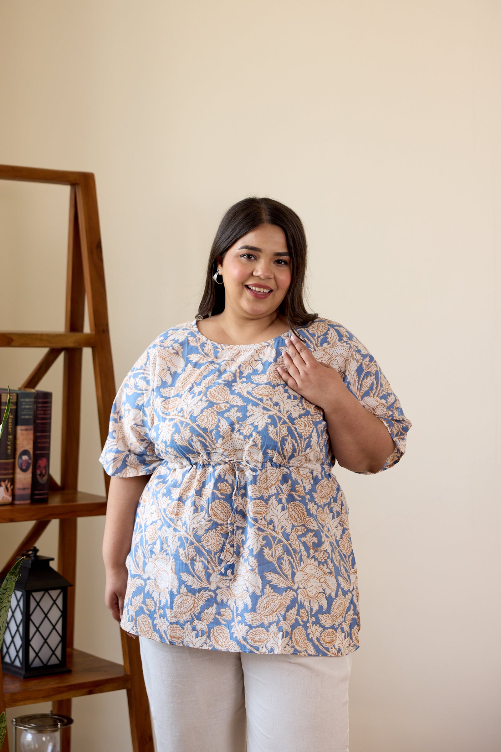 Blue Cotton Printed Drawstring Top