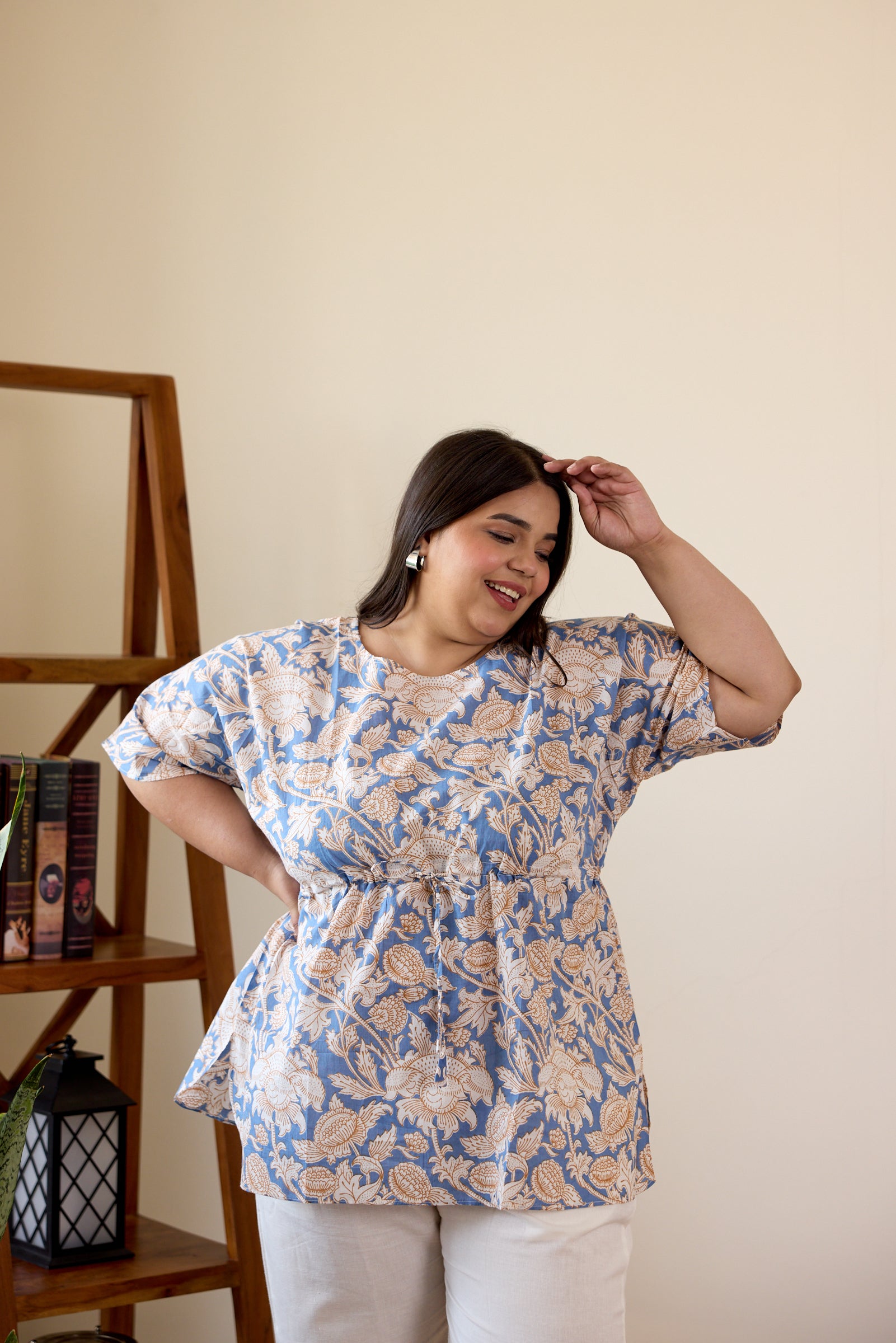 Blue Cotton Printed Drawstring Top