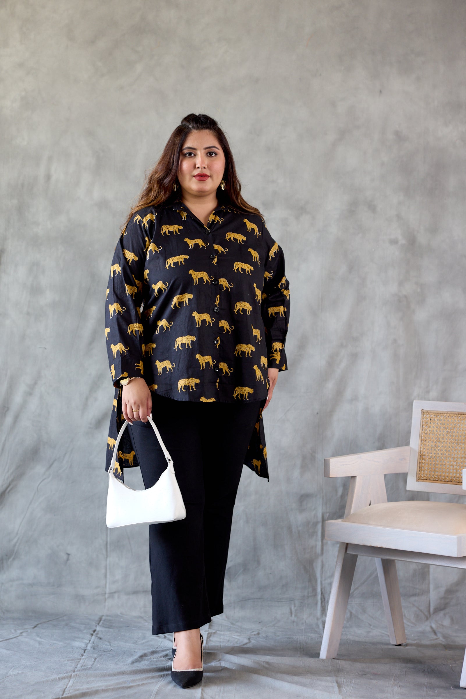 Cheetah Print Cotton Black Hi-Lo Shirt