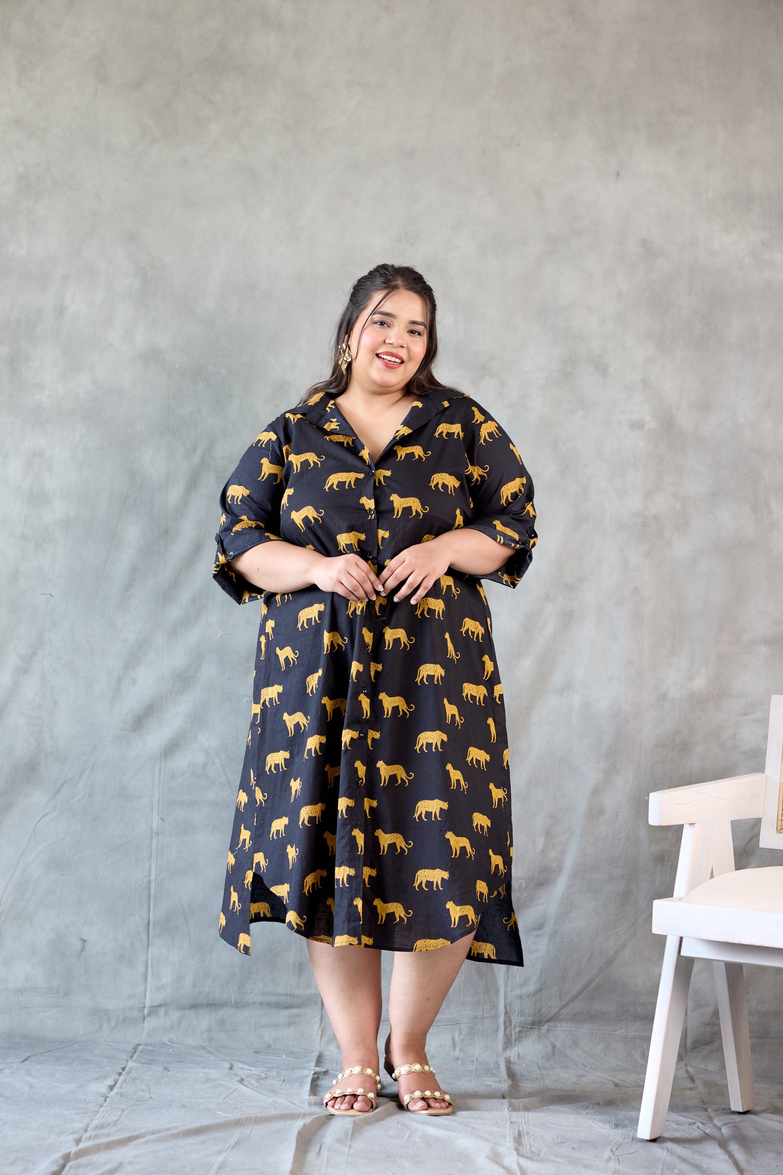 Cheetah Print Cotton Black Shirt Dress