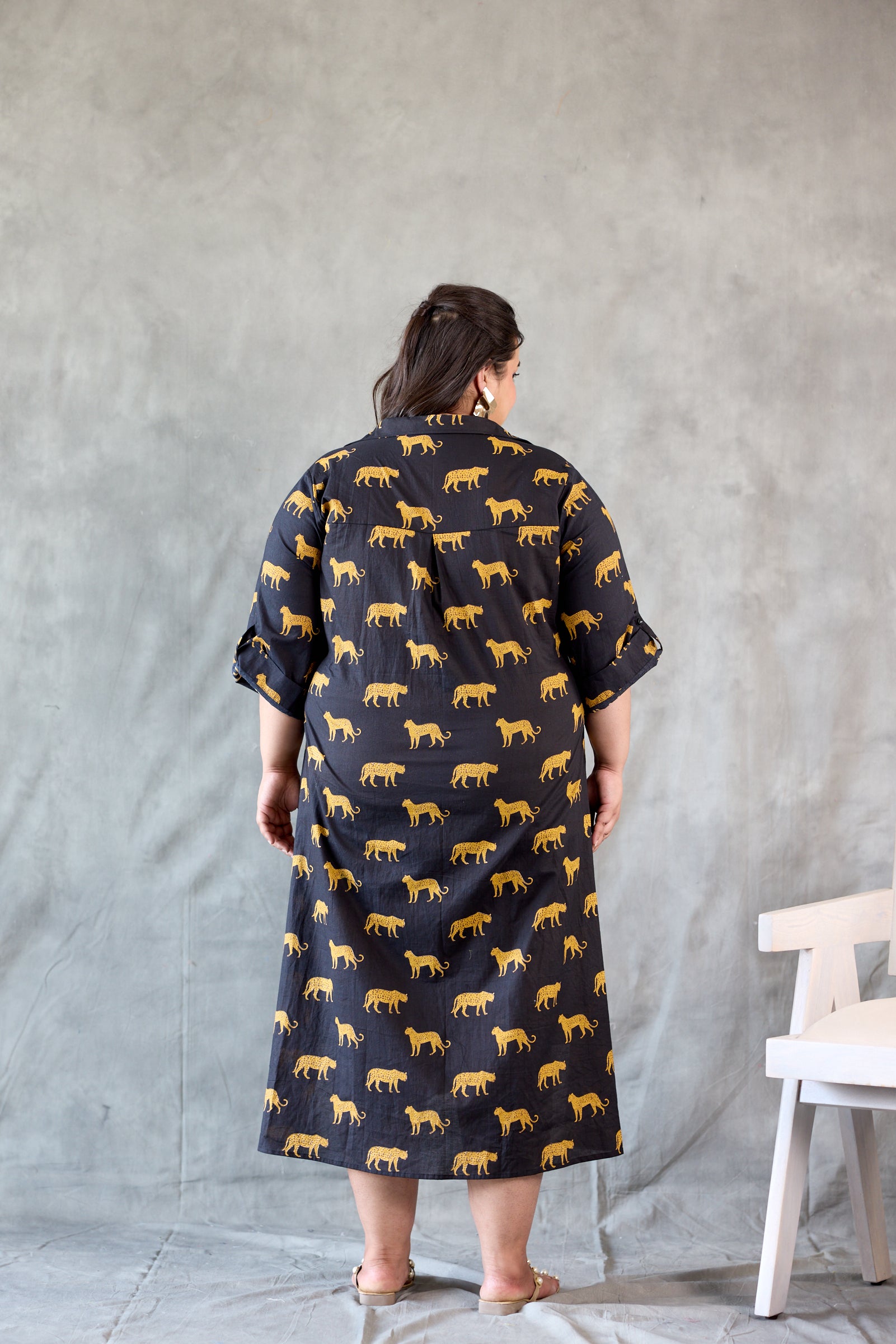 Cheetah Print Cotton Black Shirt Dress