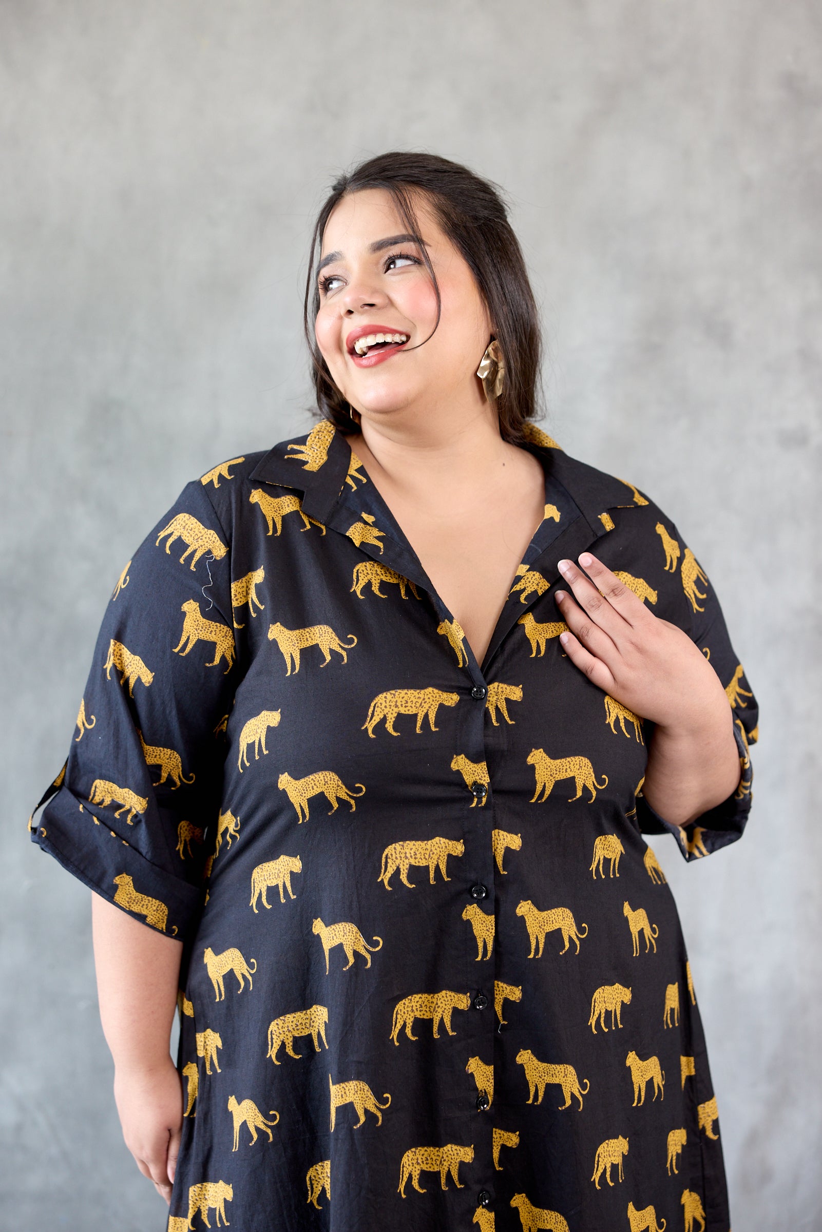 Cheetah Print Cotton Black Shirt Dress