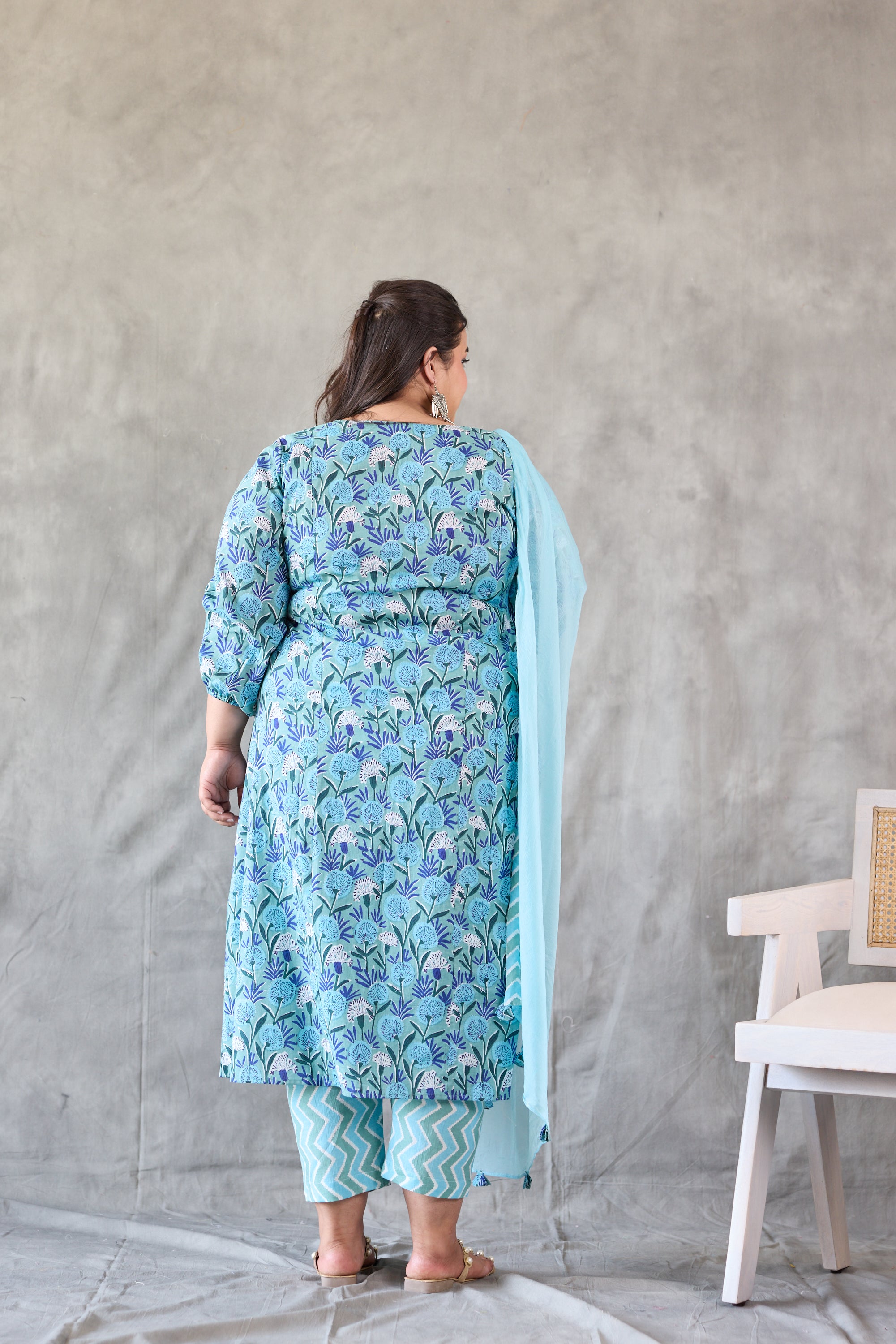Blue Floral Printed Kurta Set - (Set of 3)