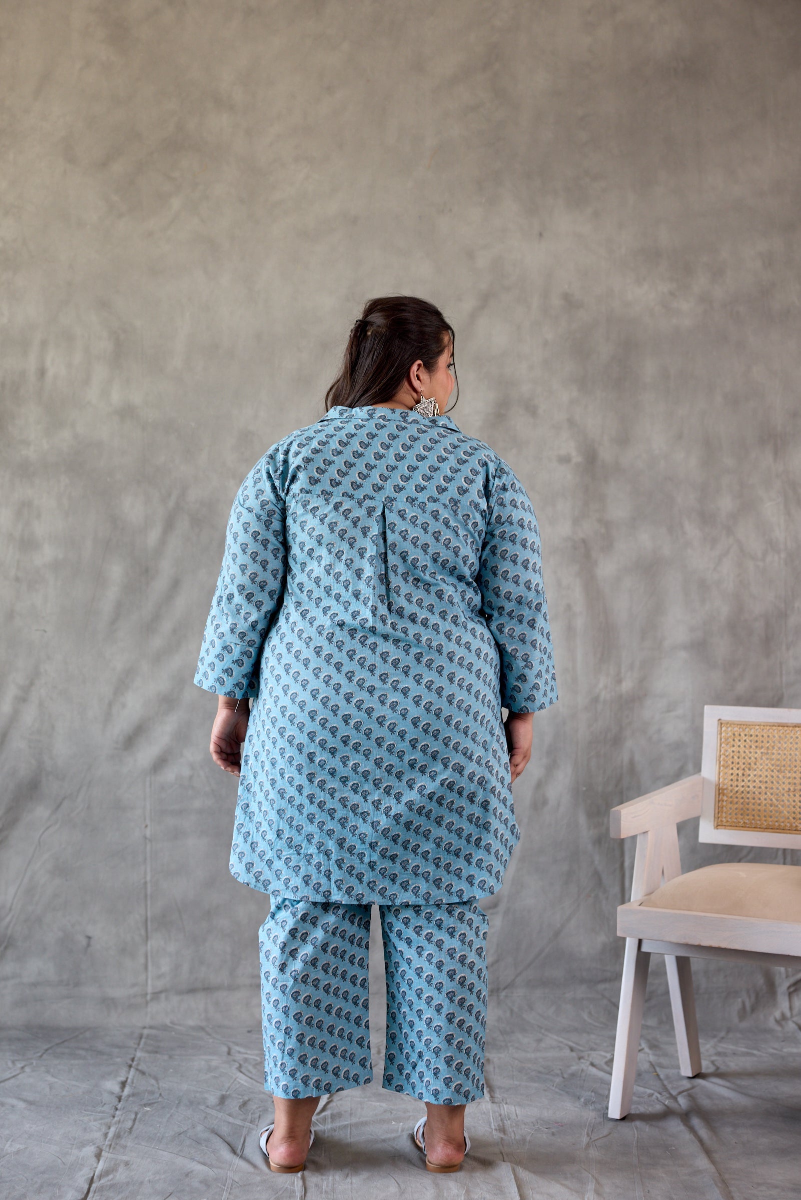 Regular Hazy Blue Button-Down Booti Printed Co-Ord Set (Set of 2)