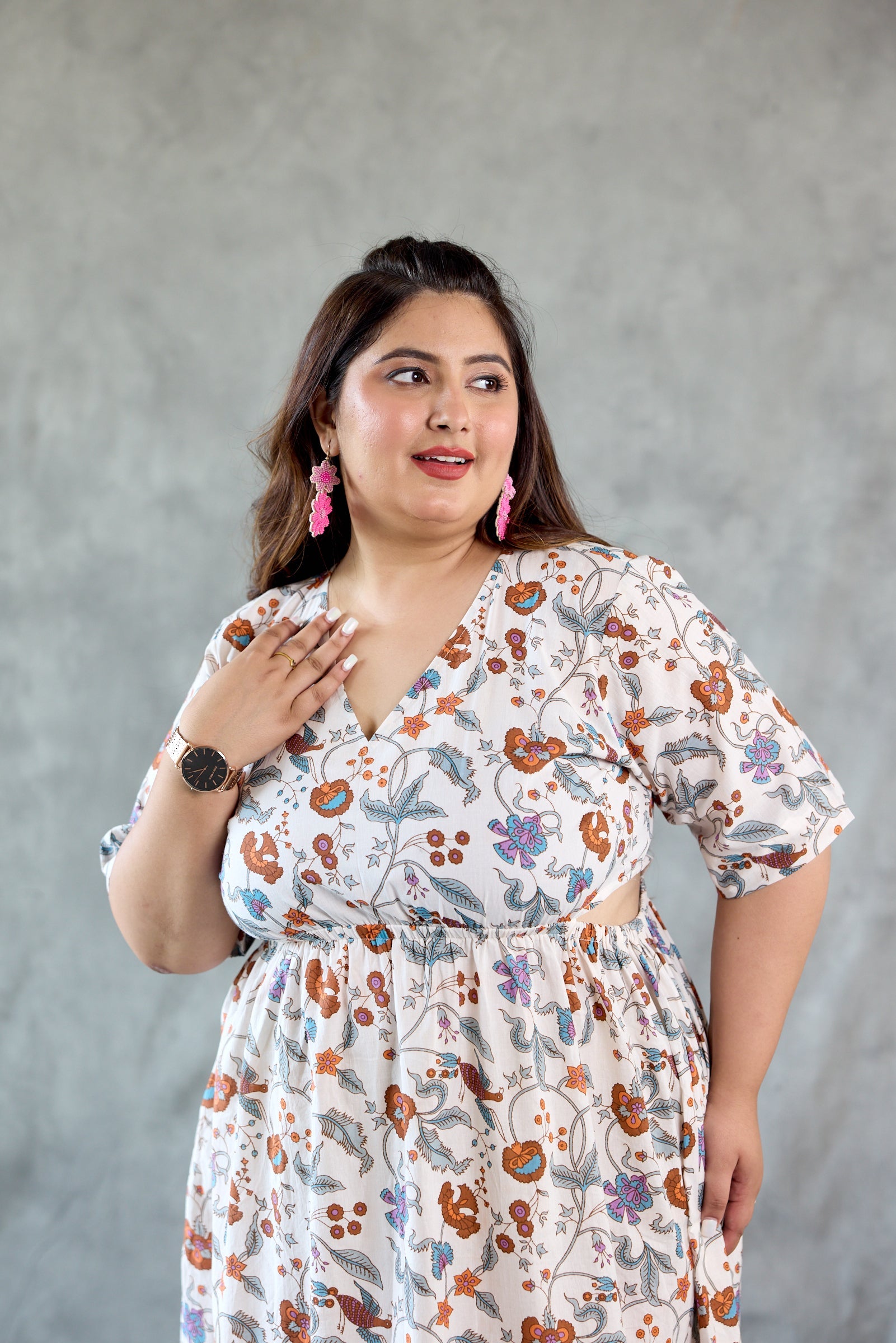 Cotton Floral Print Cut-Out Dress