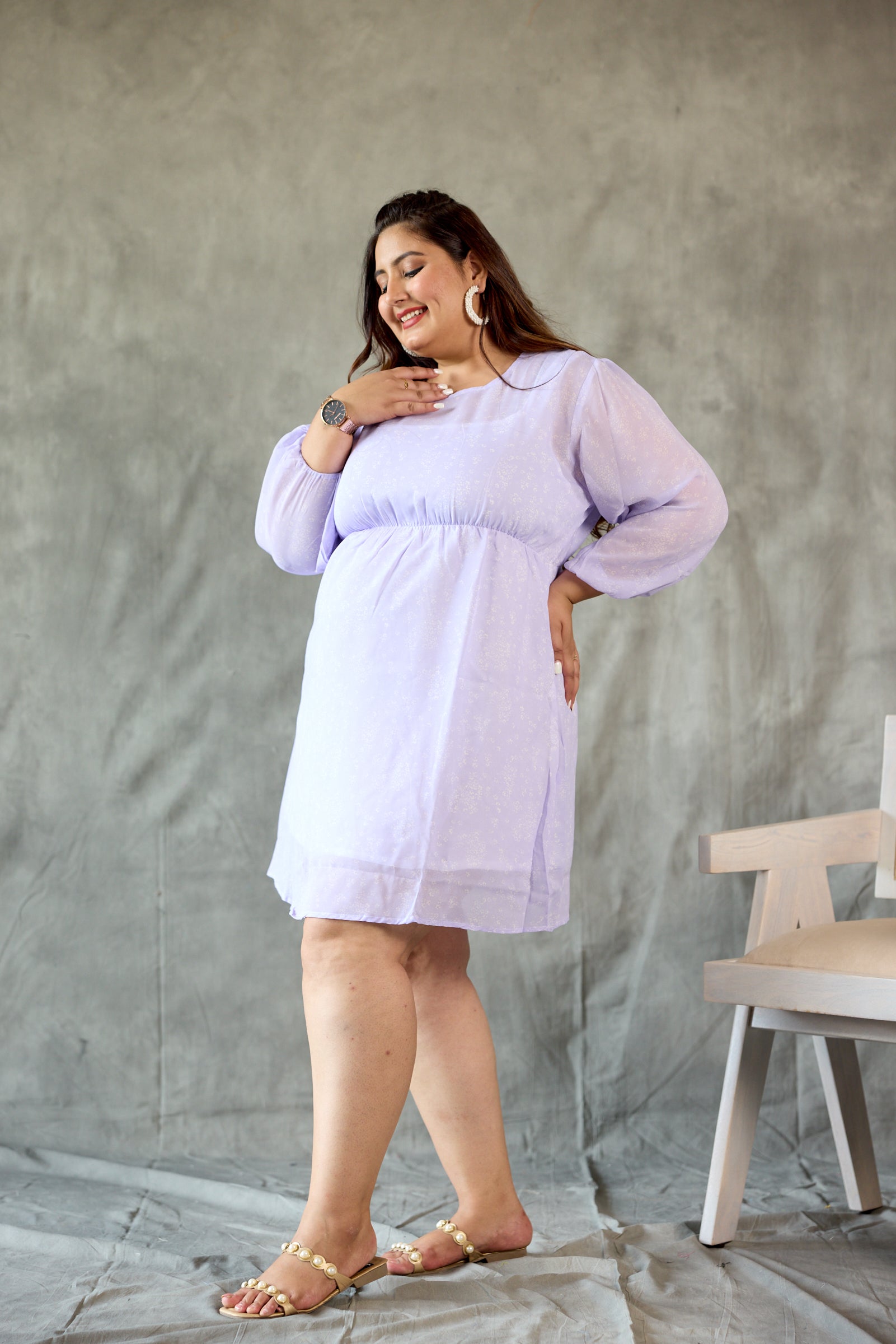 Lilac Elasticated Georgette Short Dress