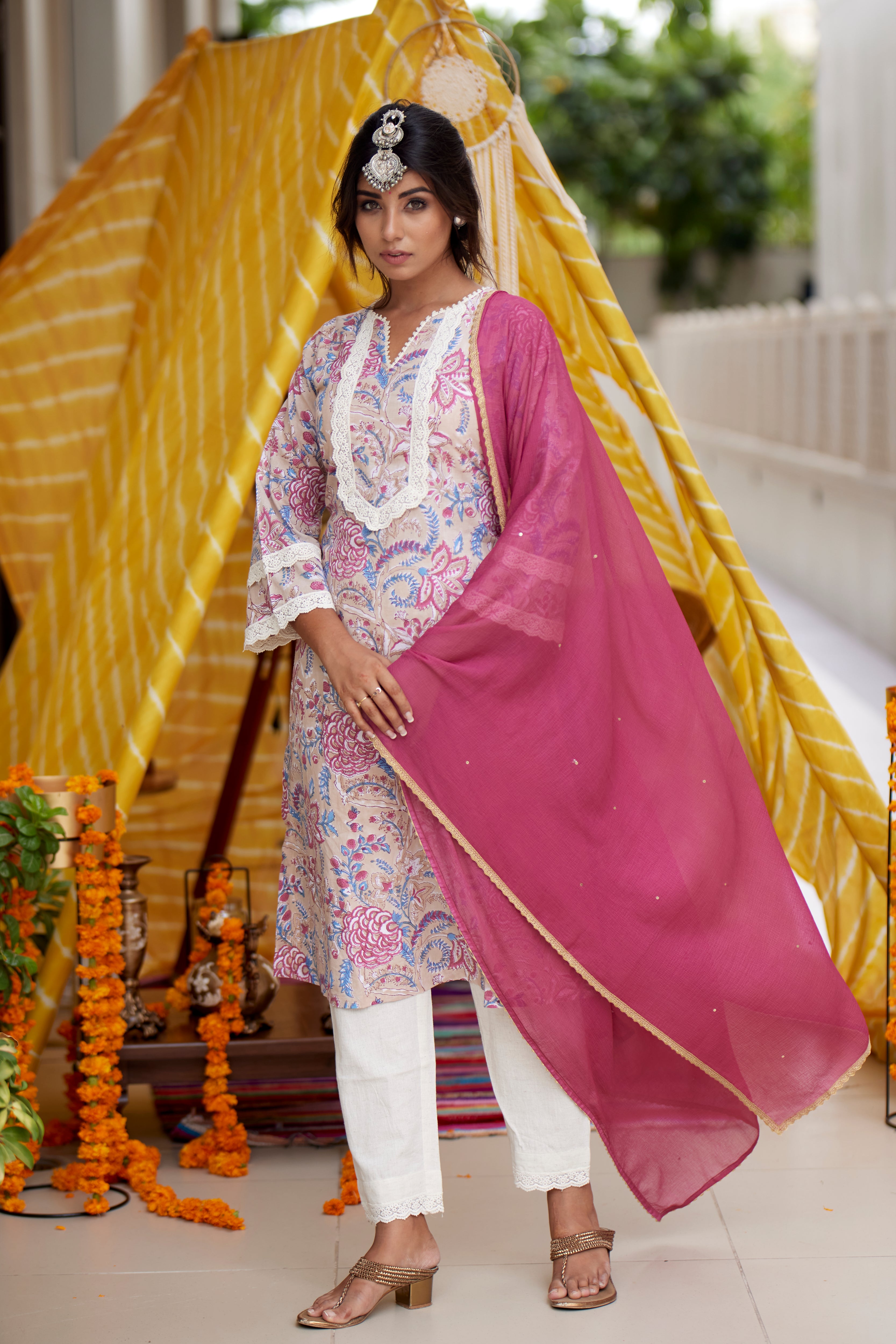 Regular Floral Printed Cotton Kurta Set with Pink Dupatta – Ethnic Wear for Women