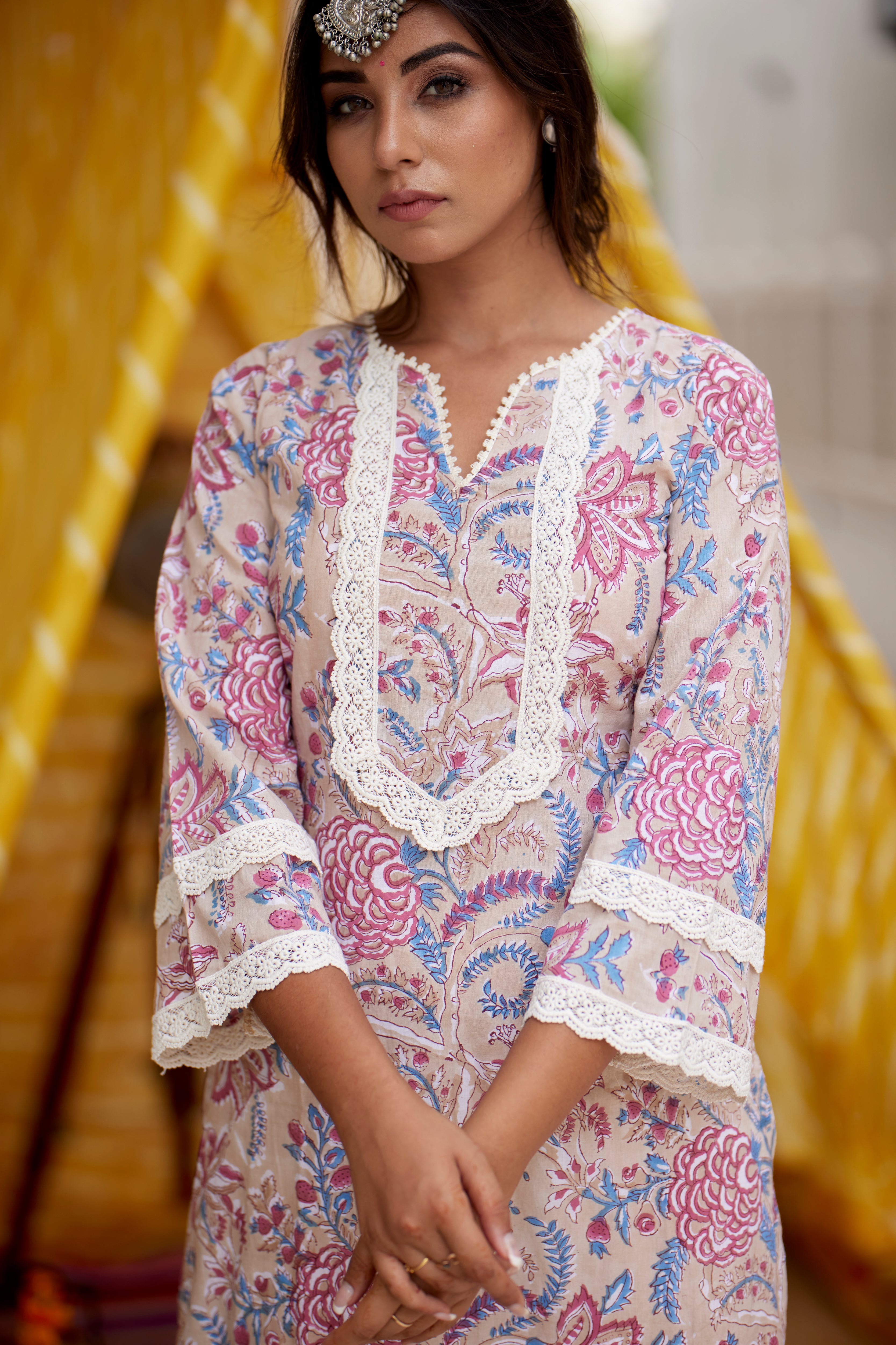Regular Floral Printed Cotton Kurta Set with Pink Dupatta – Ethnic Wear for Women
