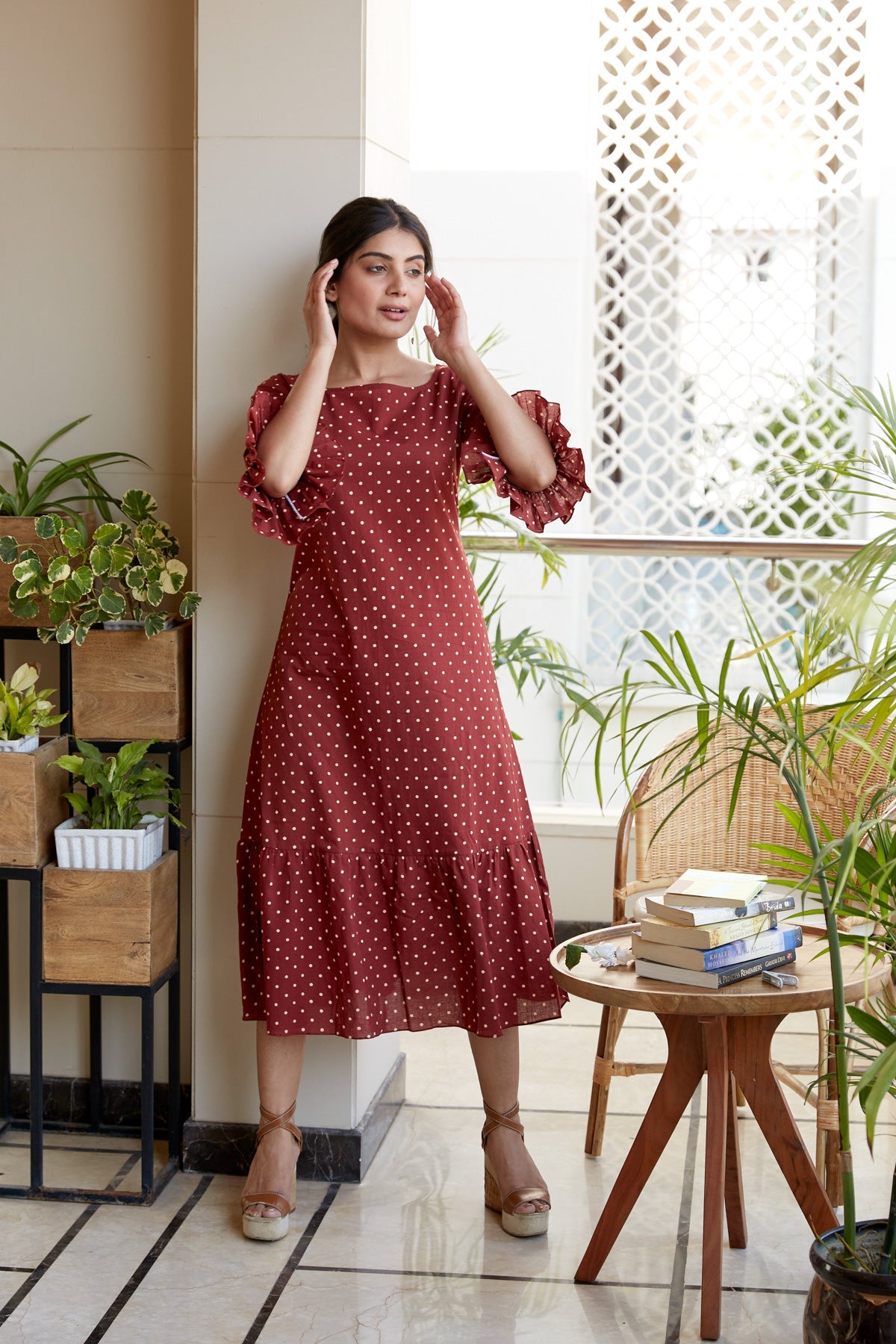 Maroon Polka Tiered Maxi Dress