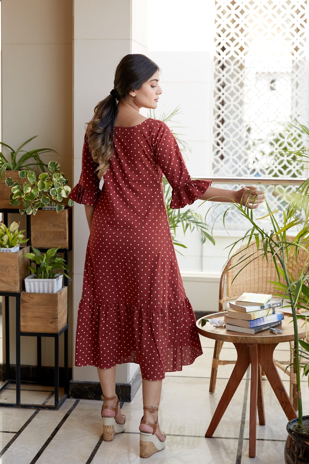 Maroon Polka Tiered Maxi Dress