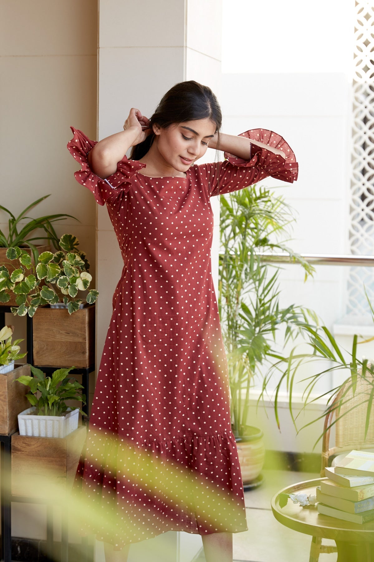 Maroon Polka Tiered Maxi Dress