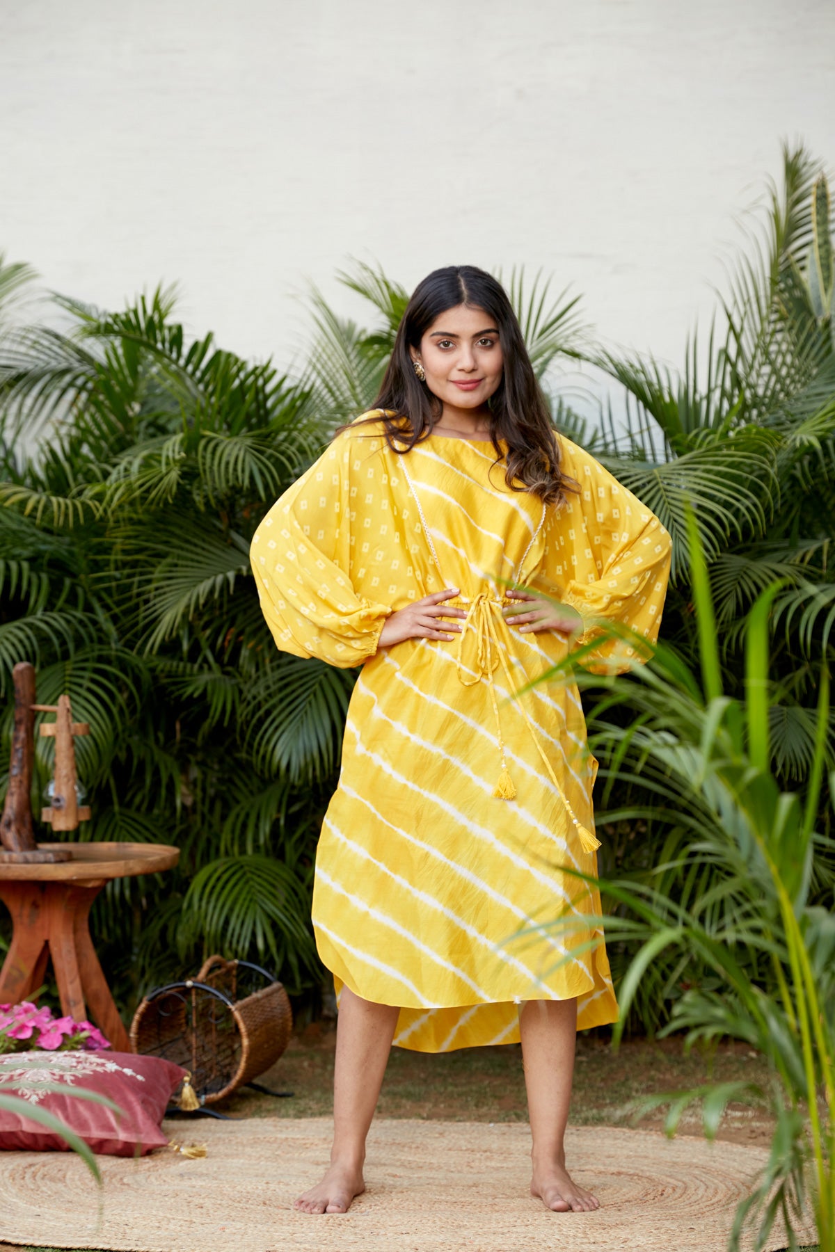 Regular Yellow Tie-Dye 100% Cotton Kaftan Dress with Drawstring Waist – Relaxed Fit Summer Midi Dress