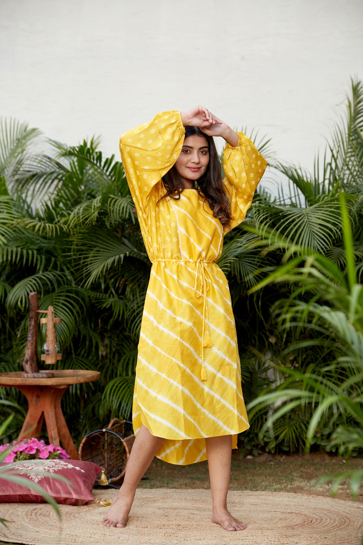 Regular Yellow Tie-Dye 100% Cotton Kaftan Dress with Drawstring Waist – Relaxed Fit Summer Midi Dress