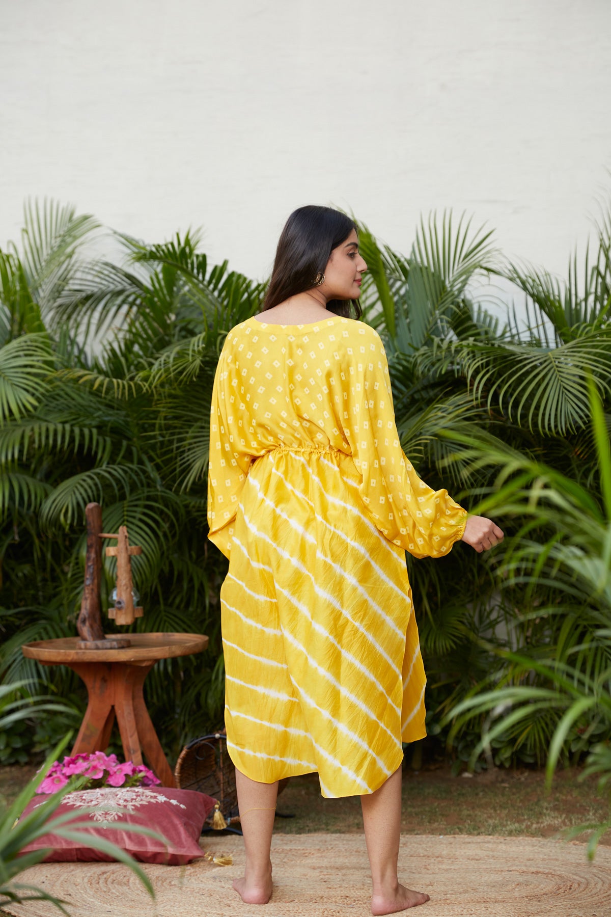 Regular Yellow Tie-Dye 100% Cotton Kaftan Dress with Drawstring Waist – Relaxed Fit Summer Midi Dress
