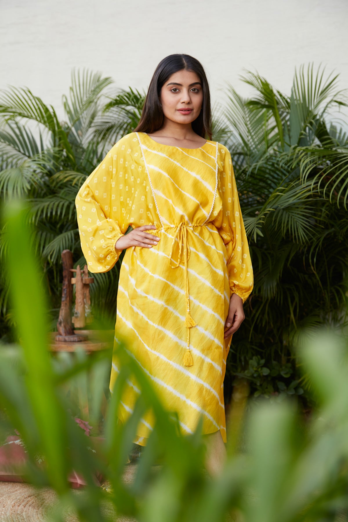 Regular Yellow Tie-Dye 100% Cotton Kaftan Dress with Drawstring Waist – Relaxed Fit Summer Midi Dress