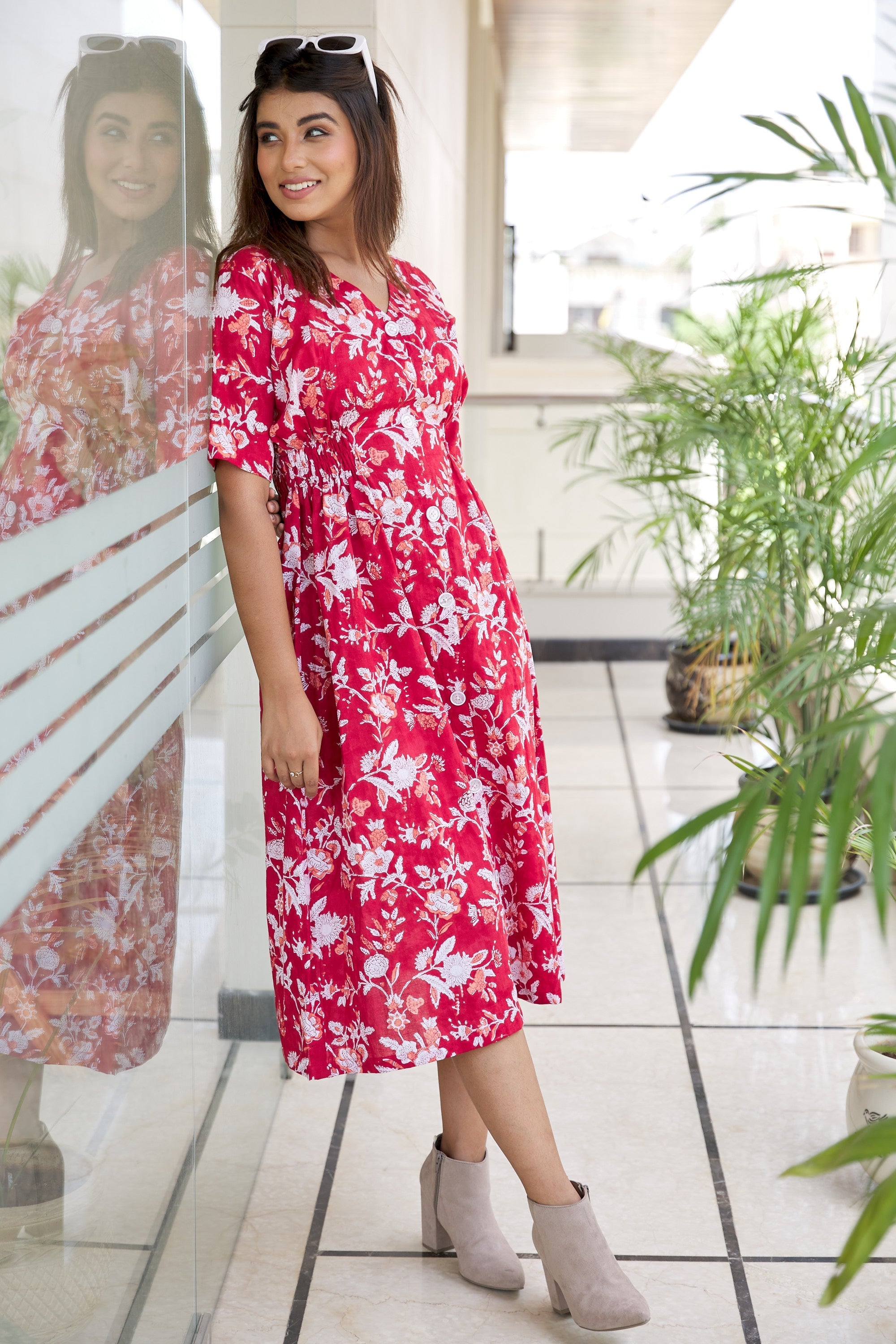 Regular Red Floral Cotton Button Down Dress