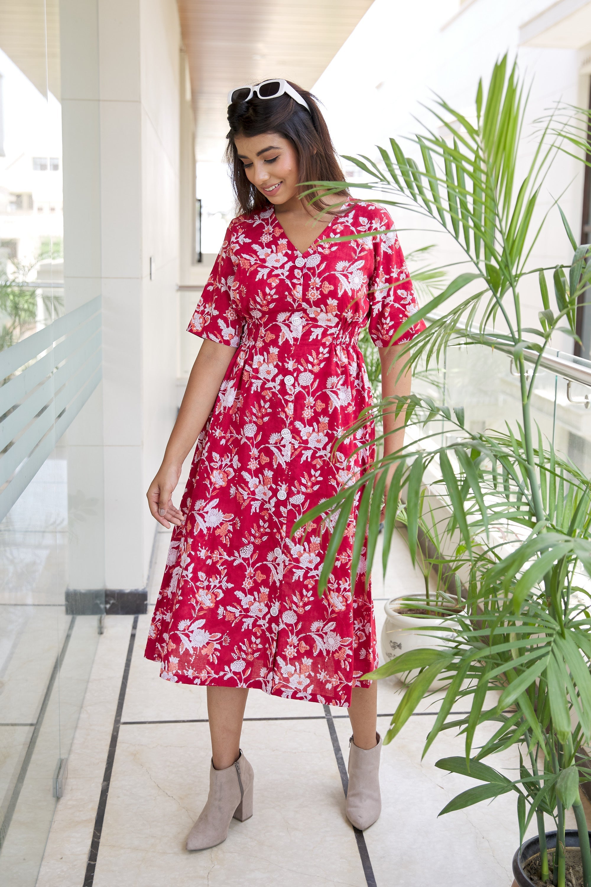 Regular Red Floral Cotton Button Down Dress