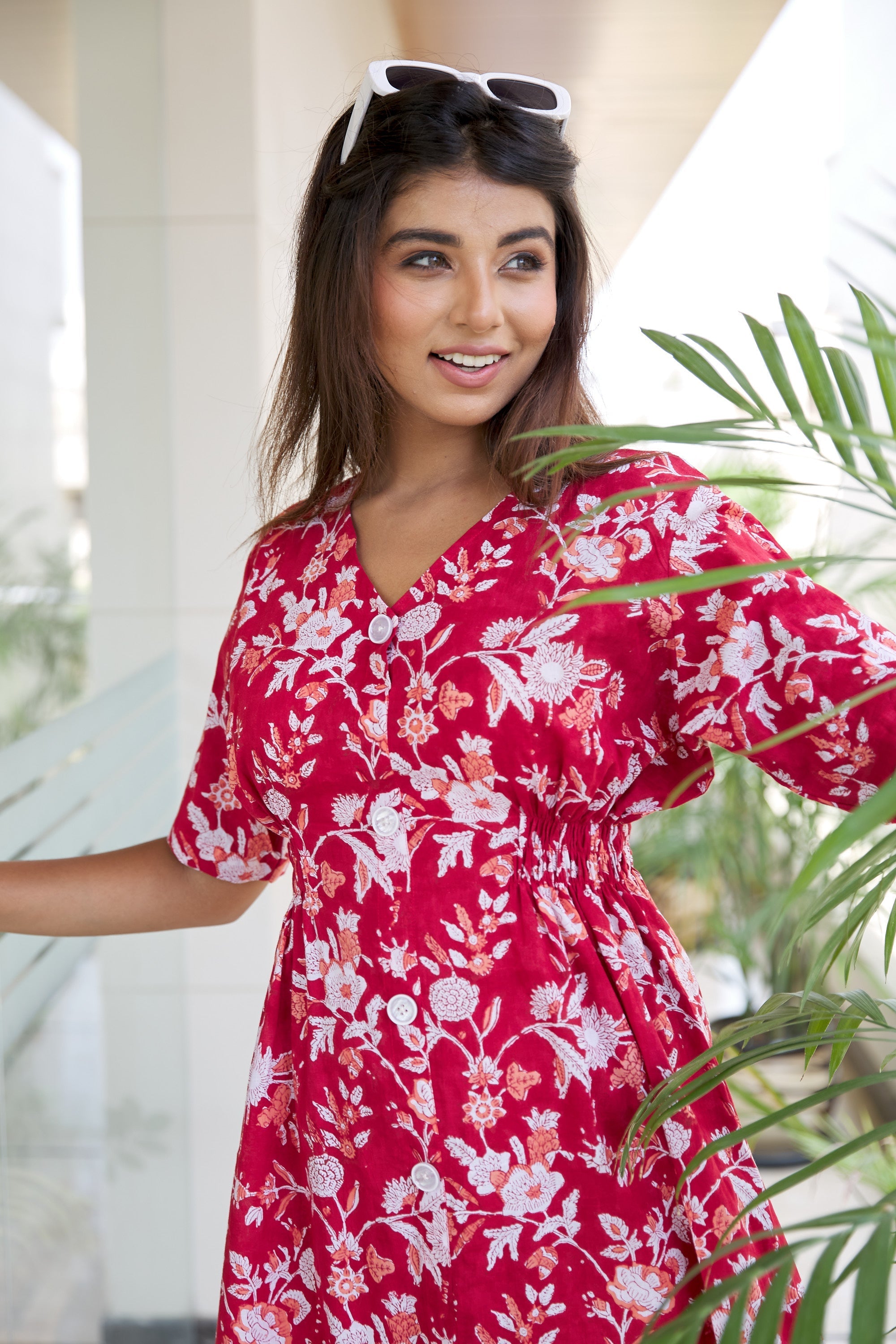 Regular Red Floral Cotton Button Down Dress