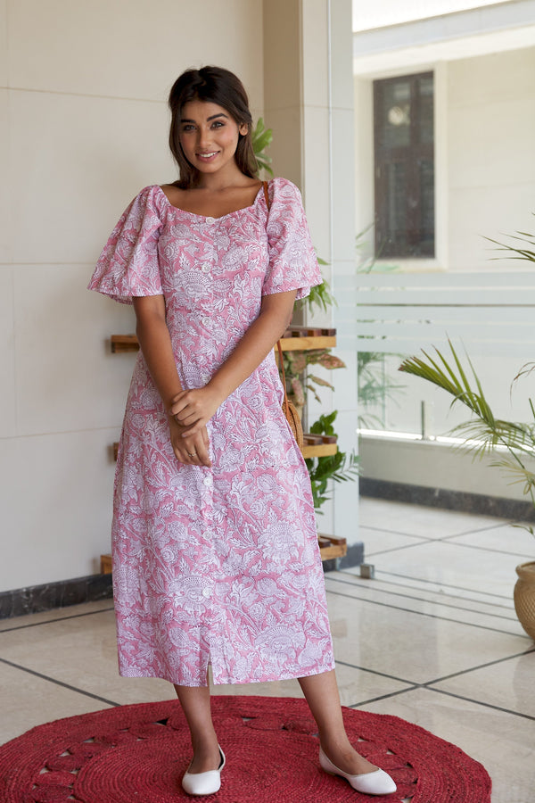 Cotton Pink Floral Printed Maxi Dress ( REGULAR SIZE)