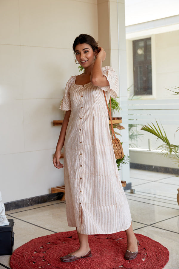Brown Striped Cotton Buttondown Maxi Dress- Regular Size
