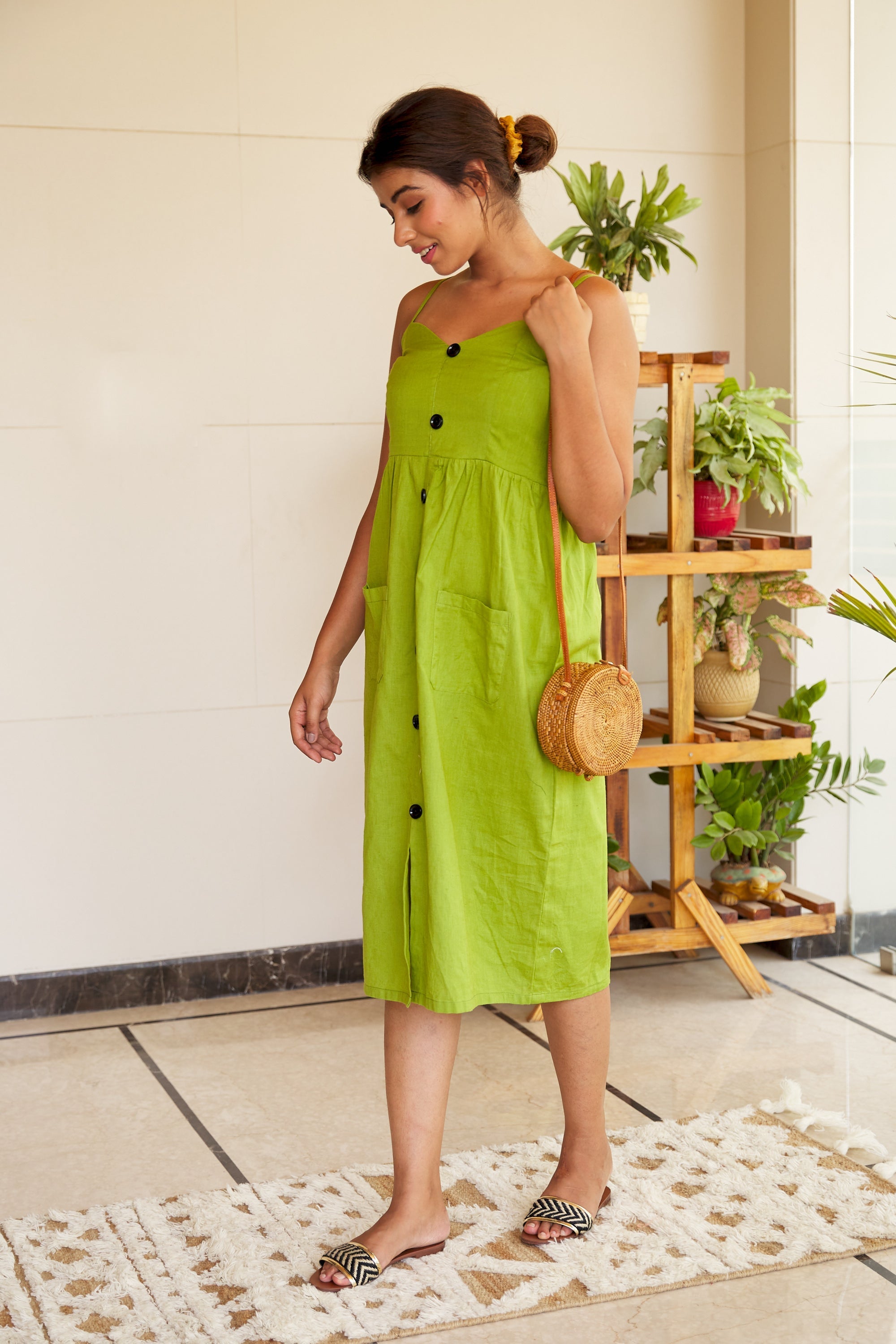Regular Green Strappy Linen Button Down Dress