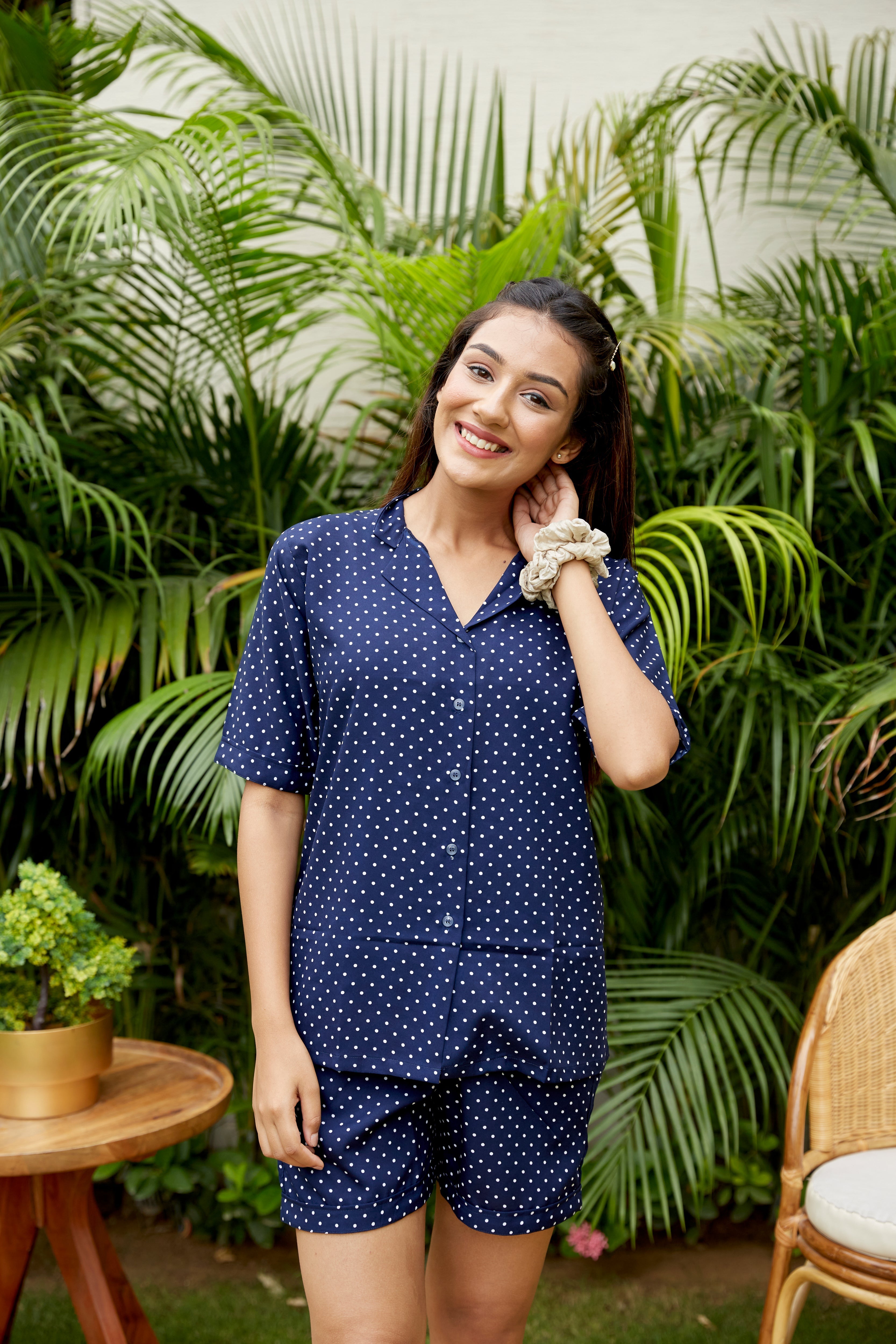 Blue Polka Crepe Night Suit