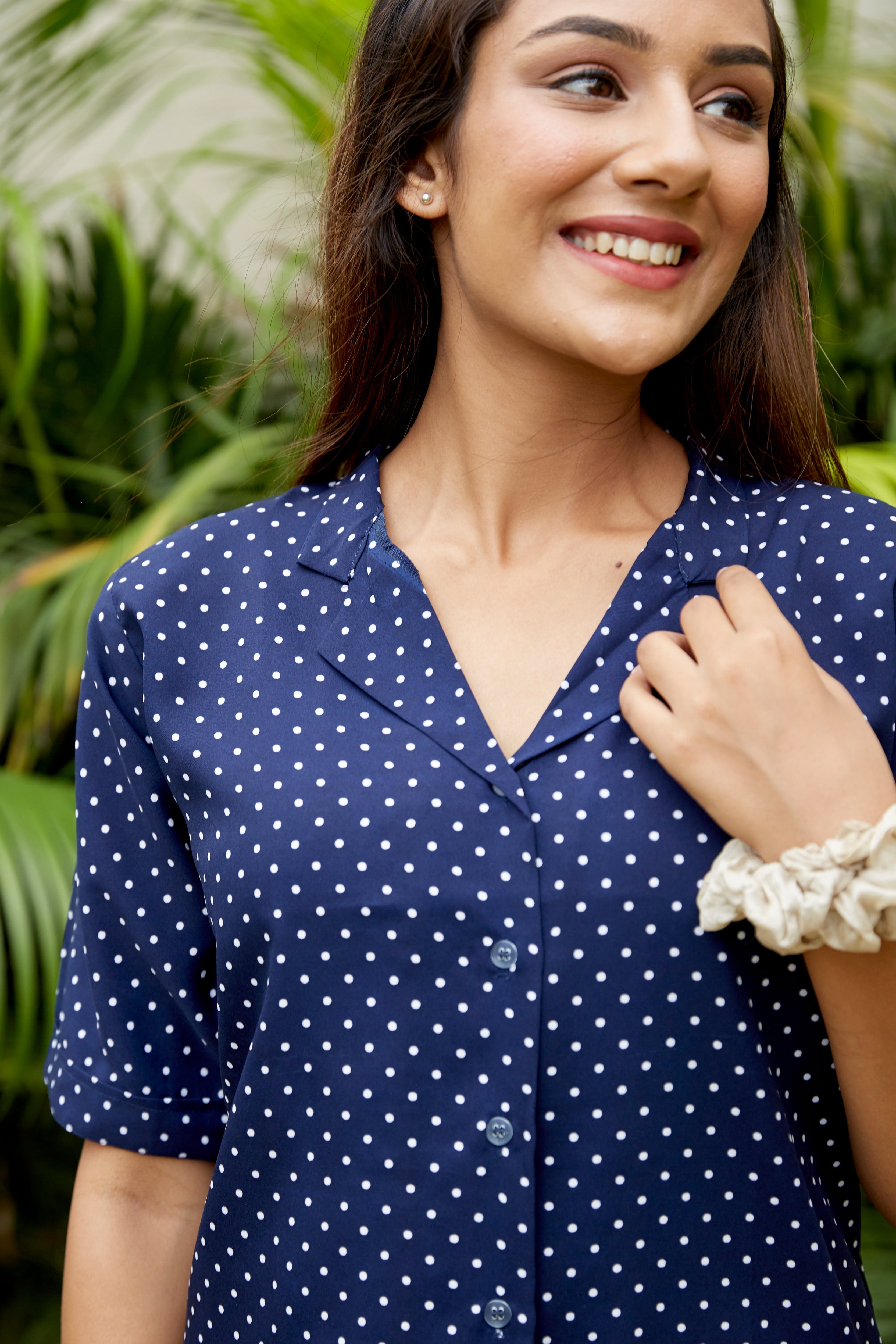 Blue Polka Crepe Night Suit