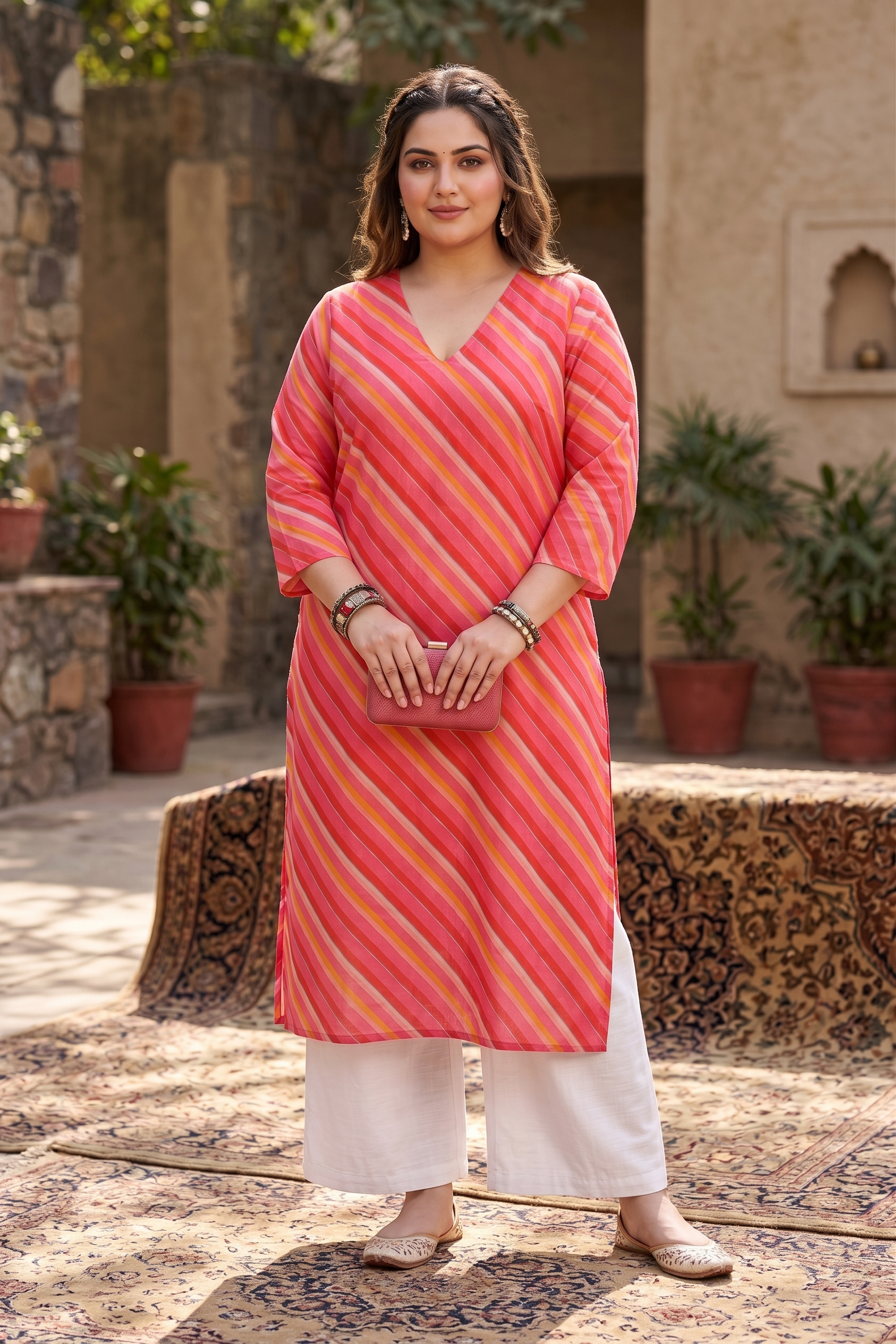 Plus Size Pink Leheriya Striped Cotton Kurta for Women | V-Neck Straight Fit Kurta