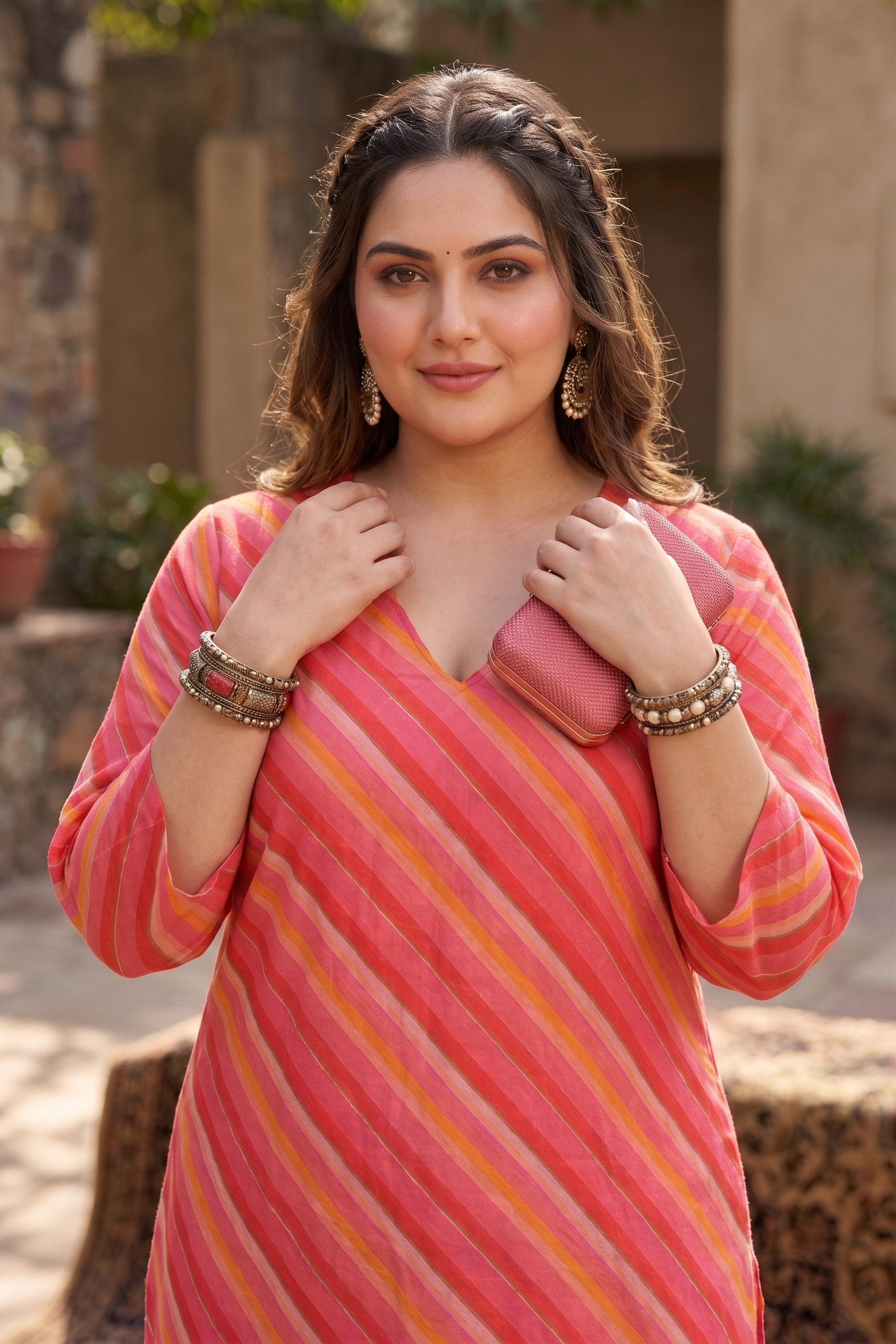 Plus Size Pink Leheriya Striped Cotton Kurta for Women | V-Neck Straight Fit Kurta