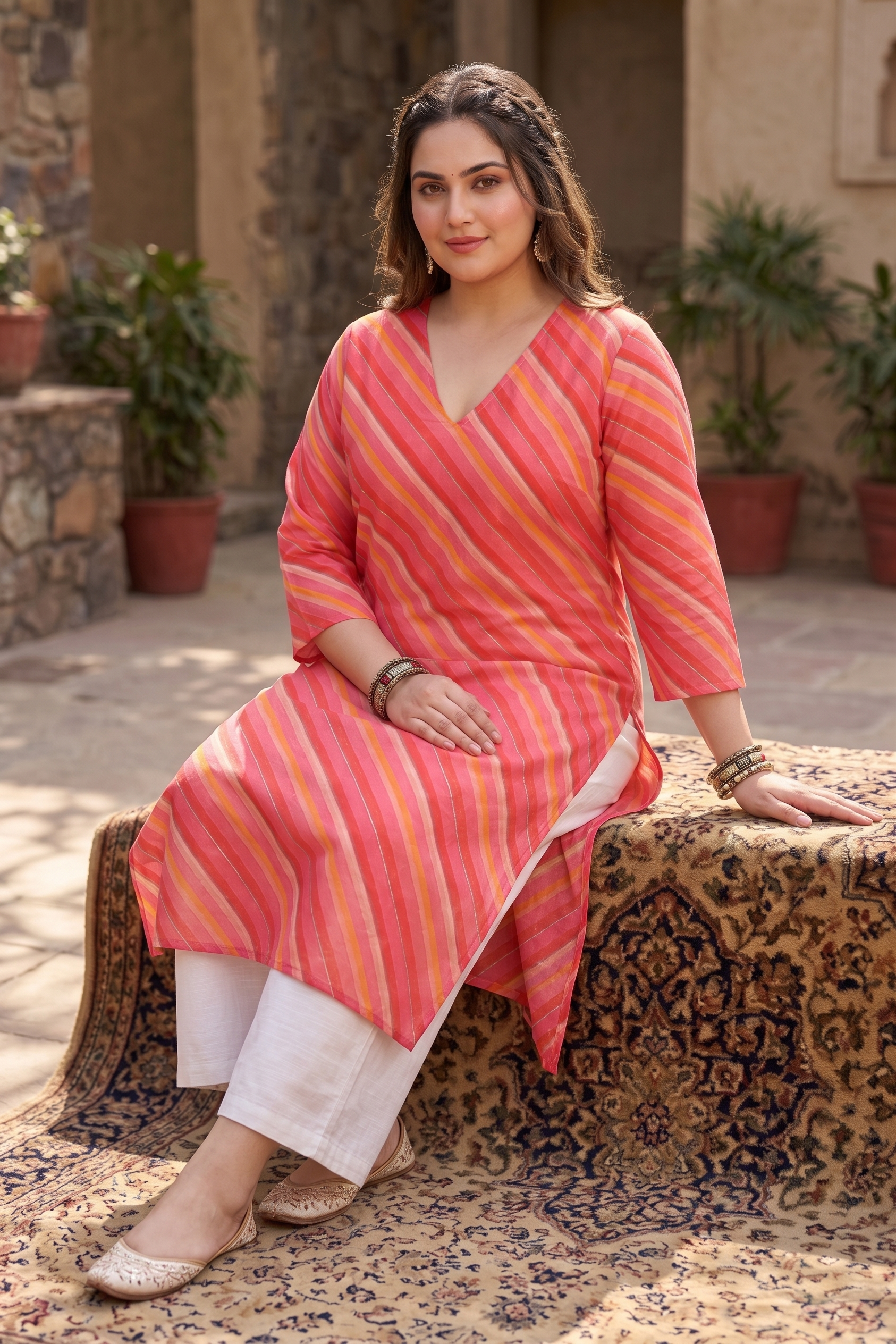 Plus Size Pink Leheriya Striped Cotton Kurta for Women | V-Neck Straight Fit Kurta