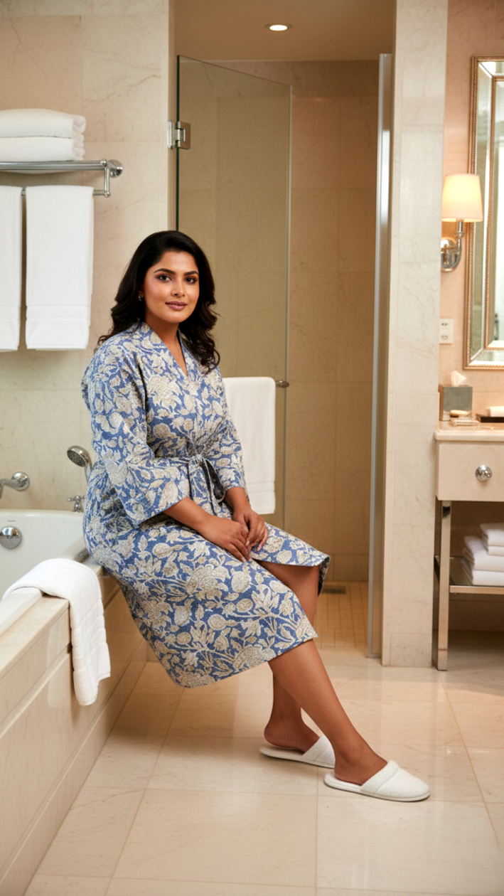 Blue Floral Cotton Kimono Robe