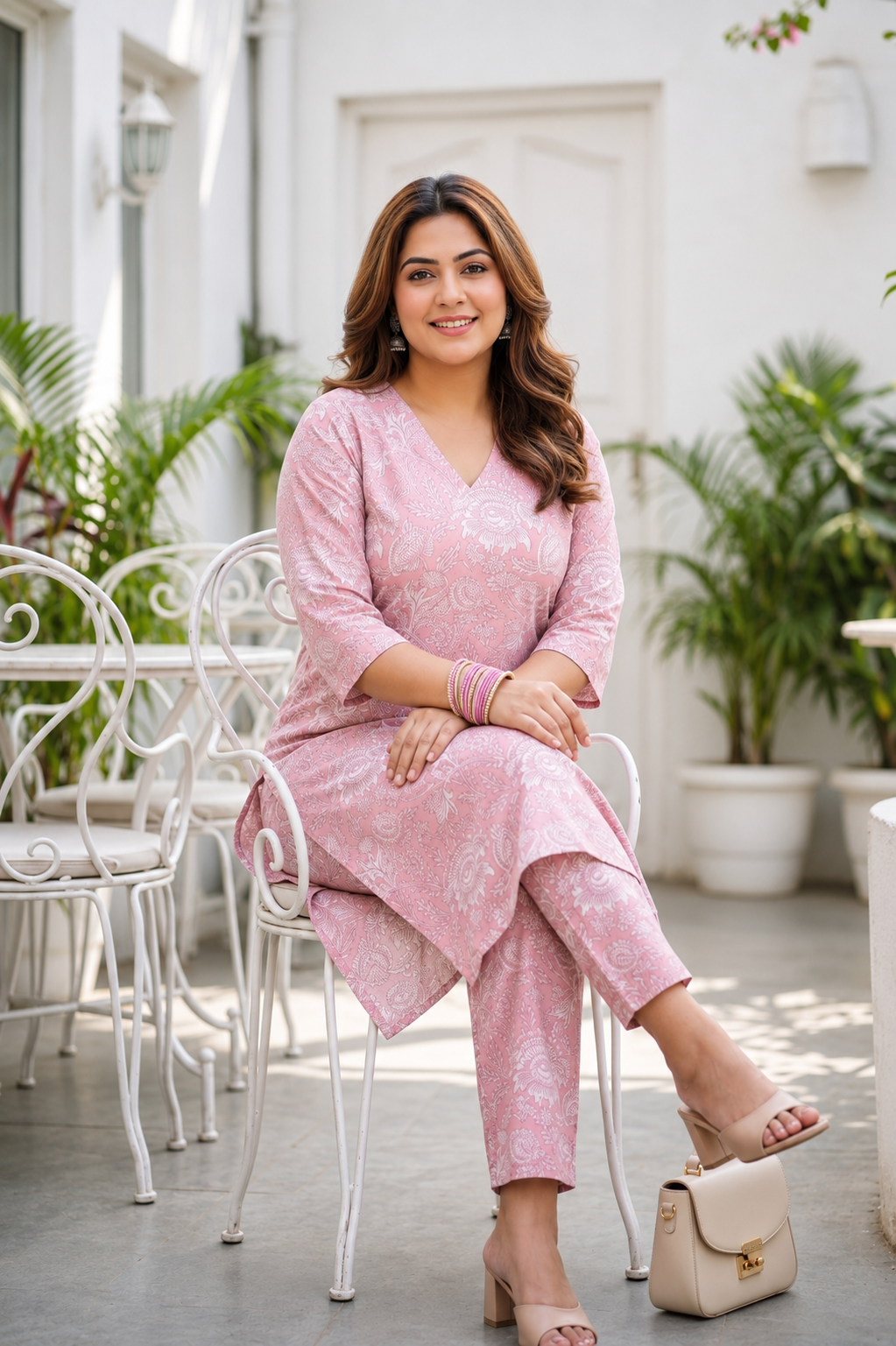 Pink Floral Printed Straight Cotton Kurta Pant Set - (Set of 2)