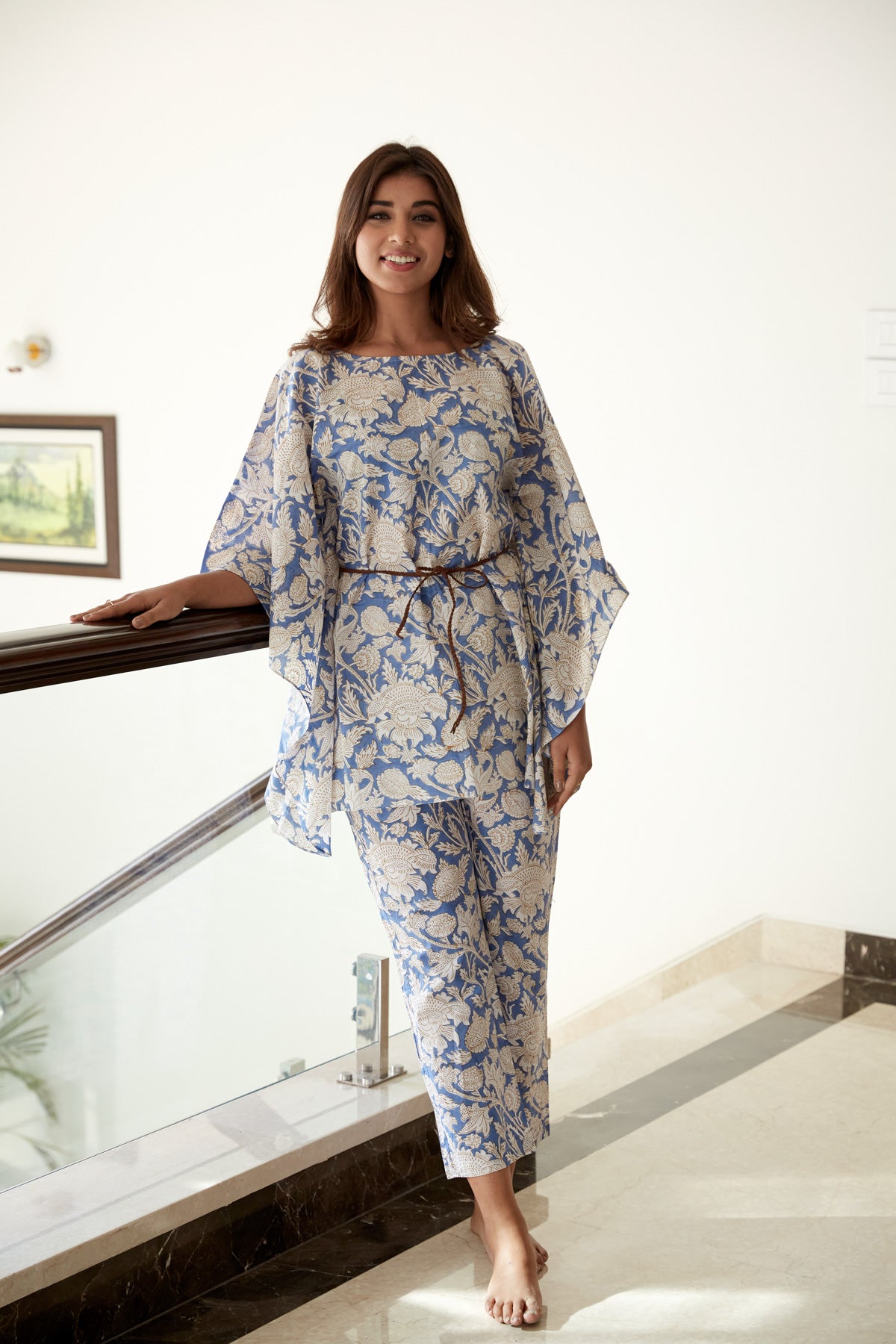 Blue Printed Cotton Kaftan Co-ord Set