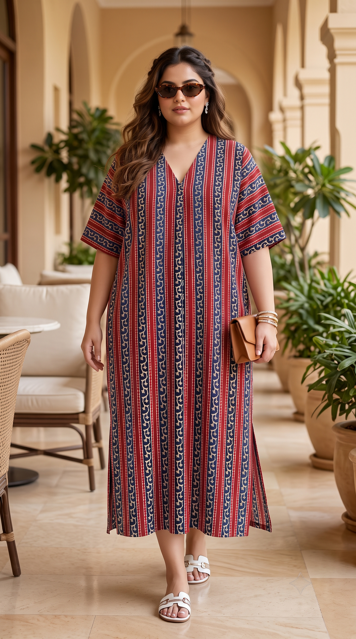 Plus Size Red and Navy Striped 100% Cotton Midi Dress – Relaxed Fit