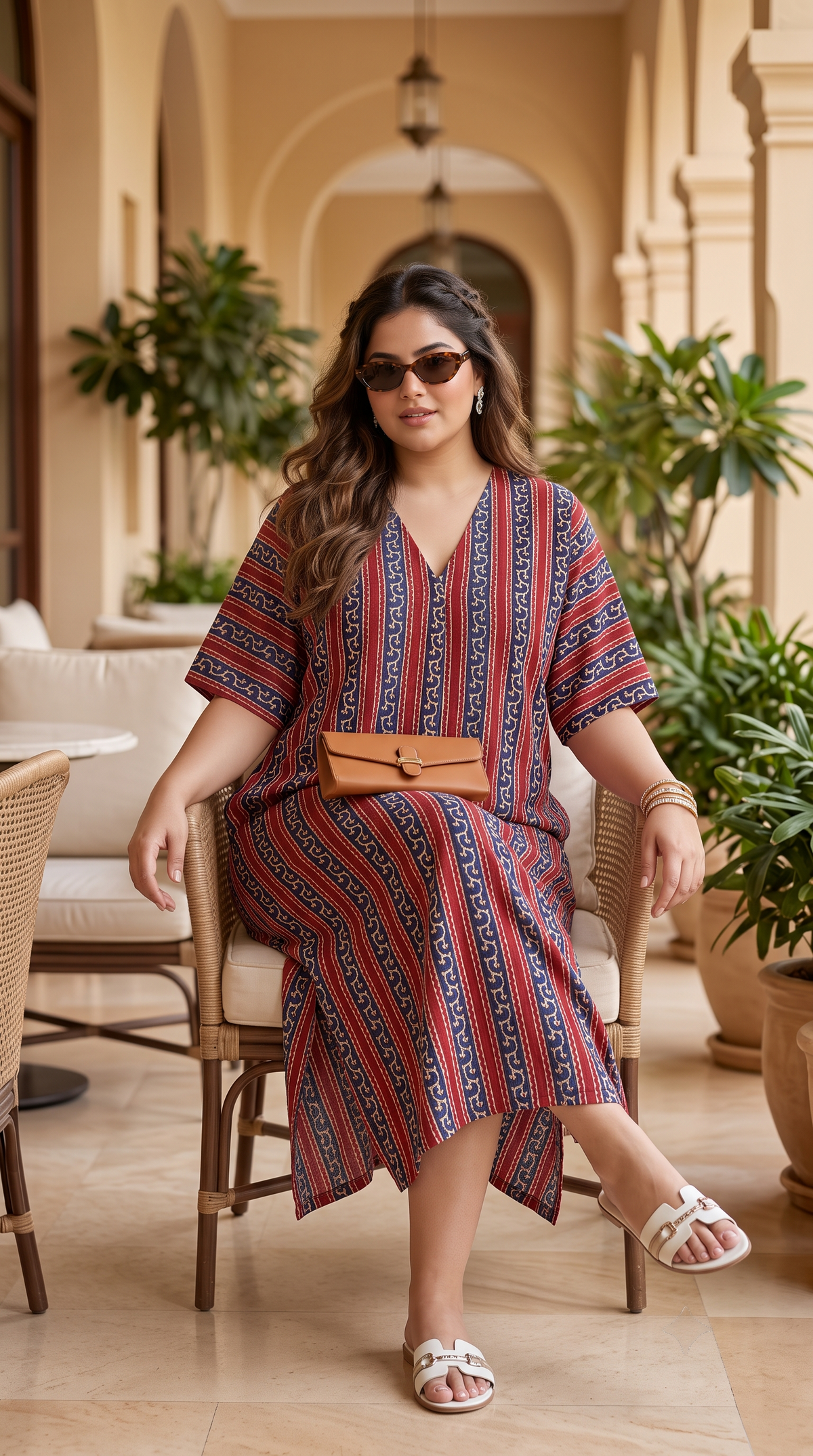 Plus Size Red and Navy Striped 100% Cotton Midi Dress – Relaxed Fit