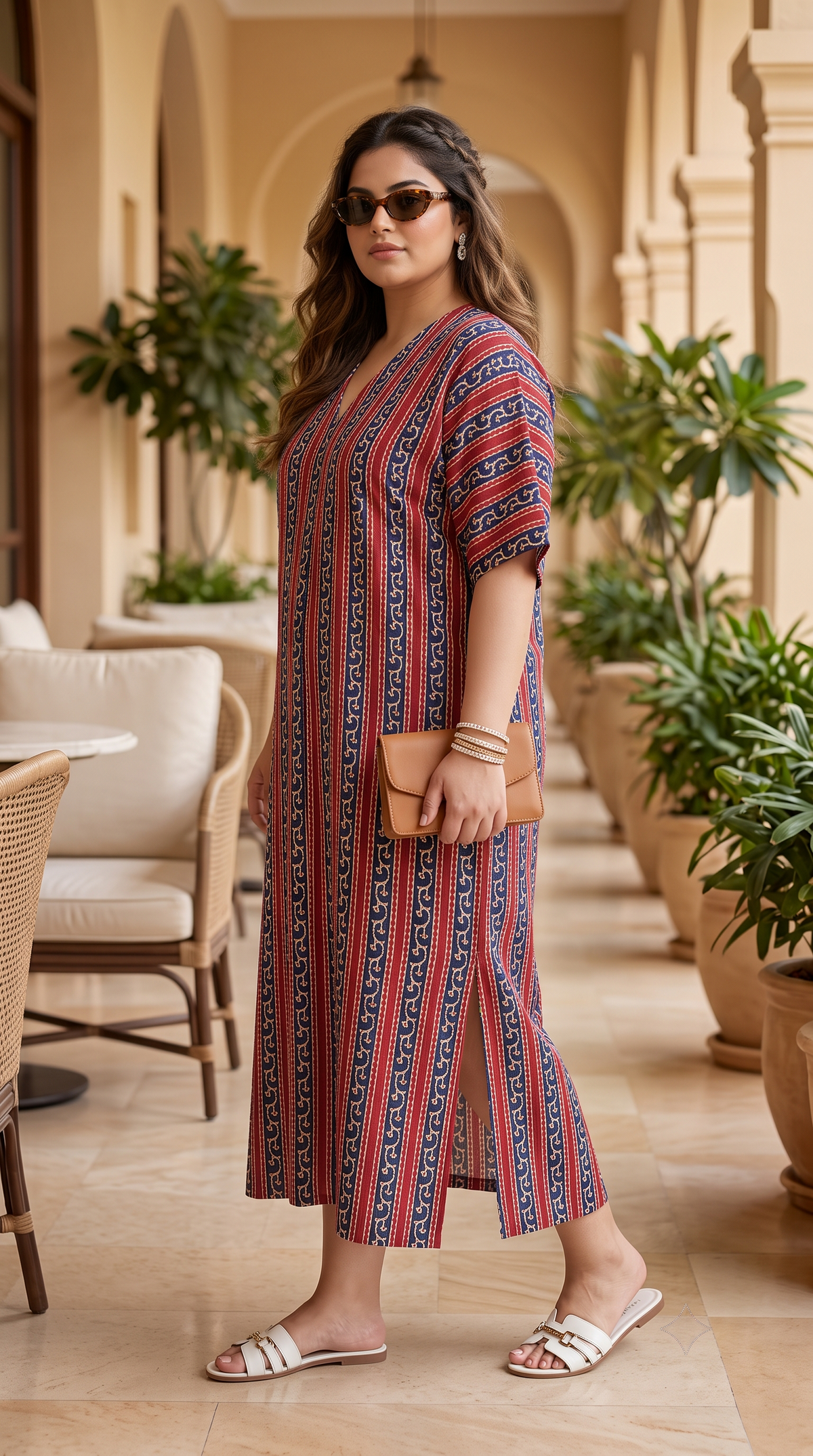 Plus Size Red and Navy Striped 100% Cotton Midi Dress – Relaxed Fit