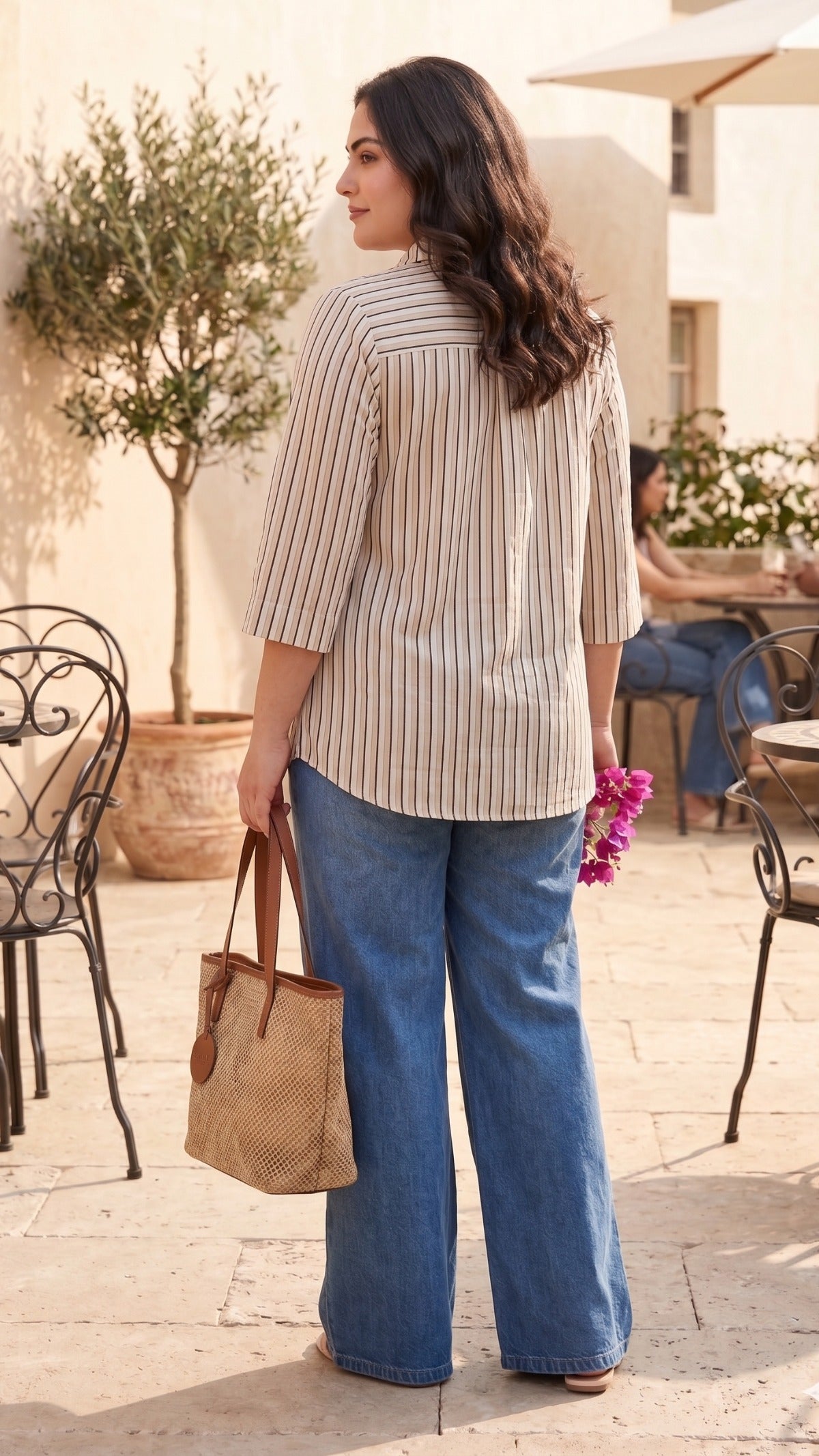 Plus Size Beige Striped Cotton Shirt – Relaxed Fit Casual Button-Down Shirt for Women