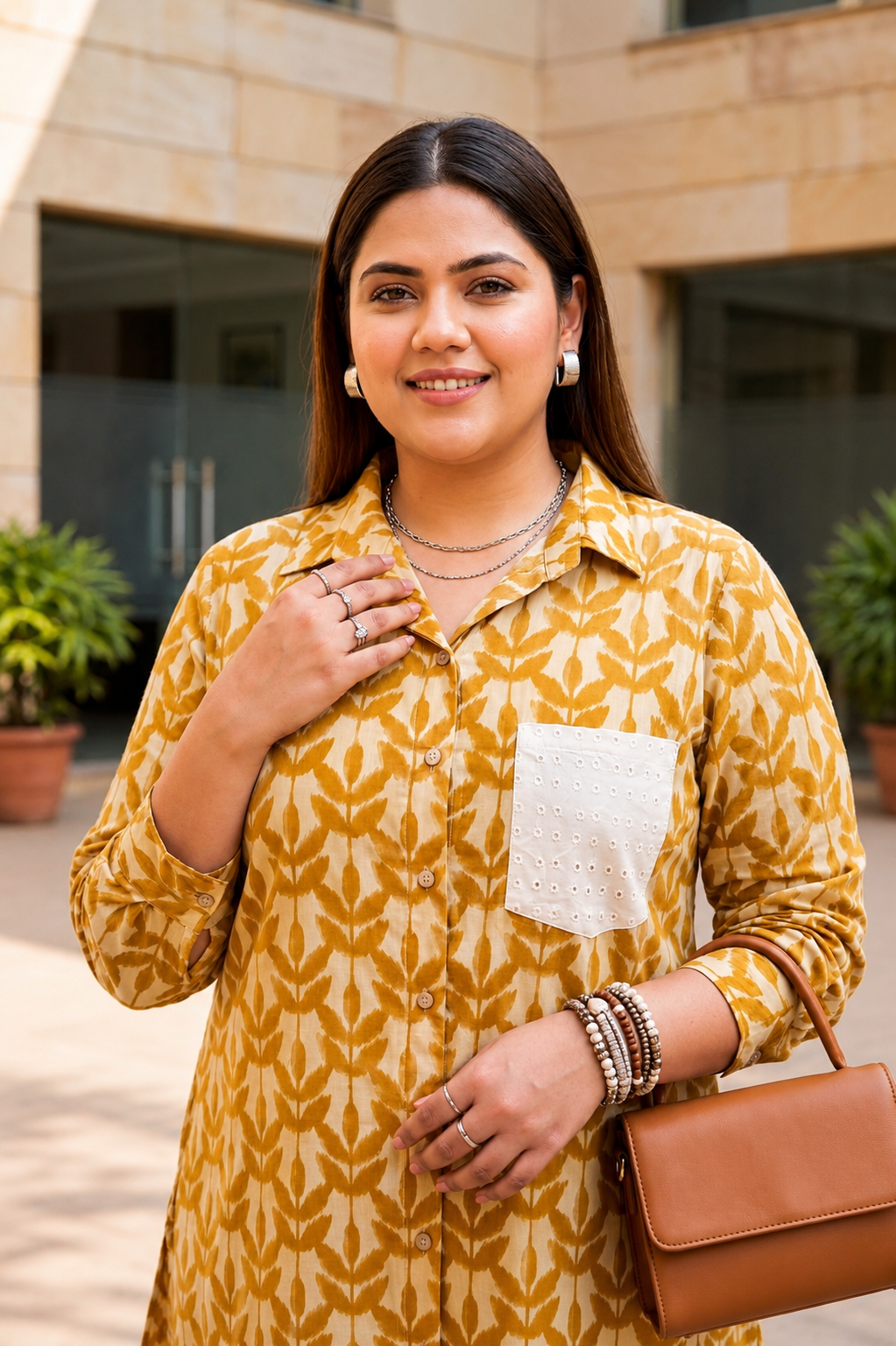 Mustard Yellow Ikat Leaf Print 100% Cotton Cambric Longline Shirt Top