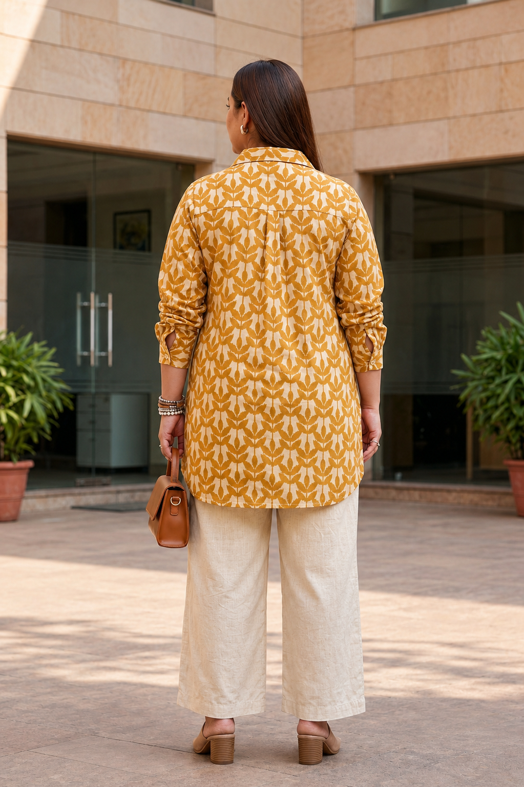 Mustard Yellow Ikat Leaf Print 100% Cotton Cambric Longline Shirt Top