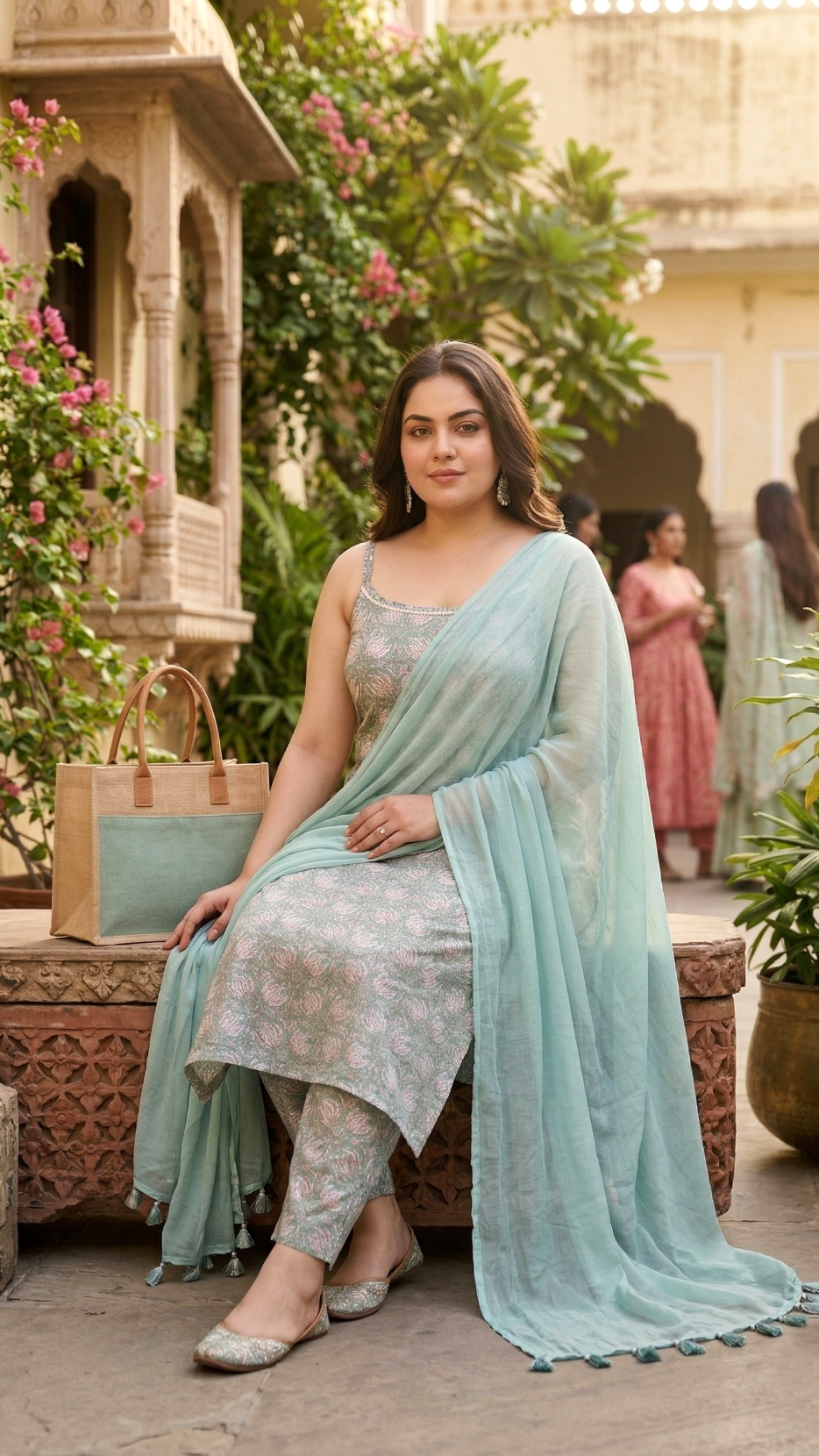 Plus Size Green Cotton Kurta Set with Dupatta – Floral Printed Set