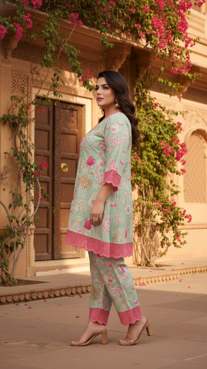 Mint And Pink Organza Lace Co-ord Set