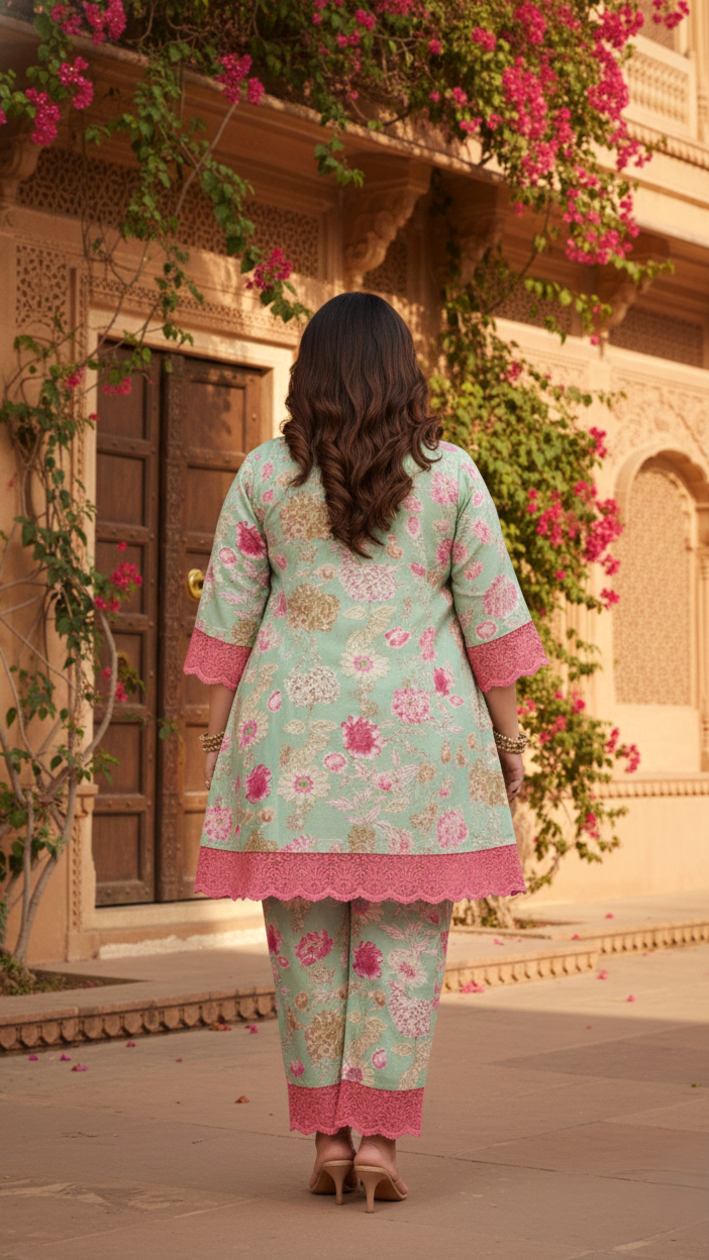 Mint And Pink Organza Lace Co-ord Set