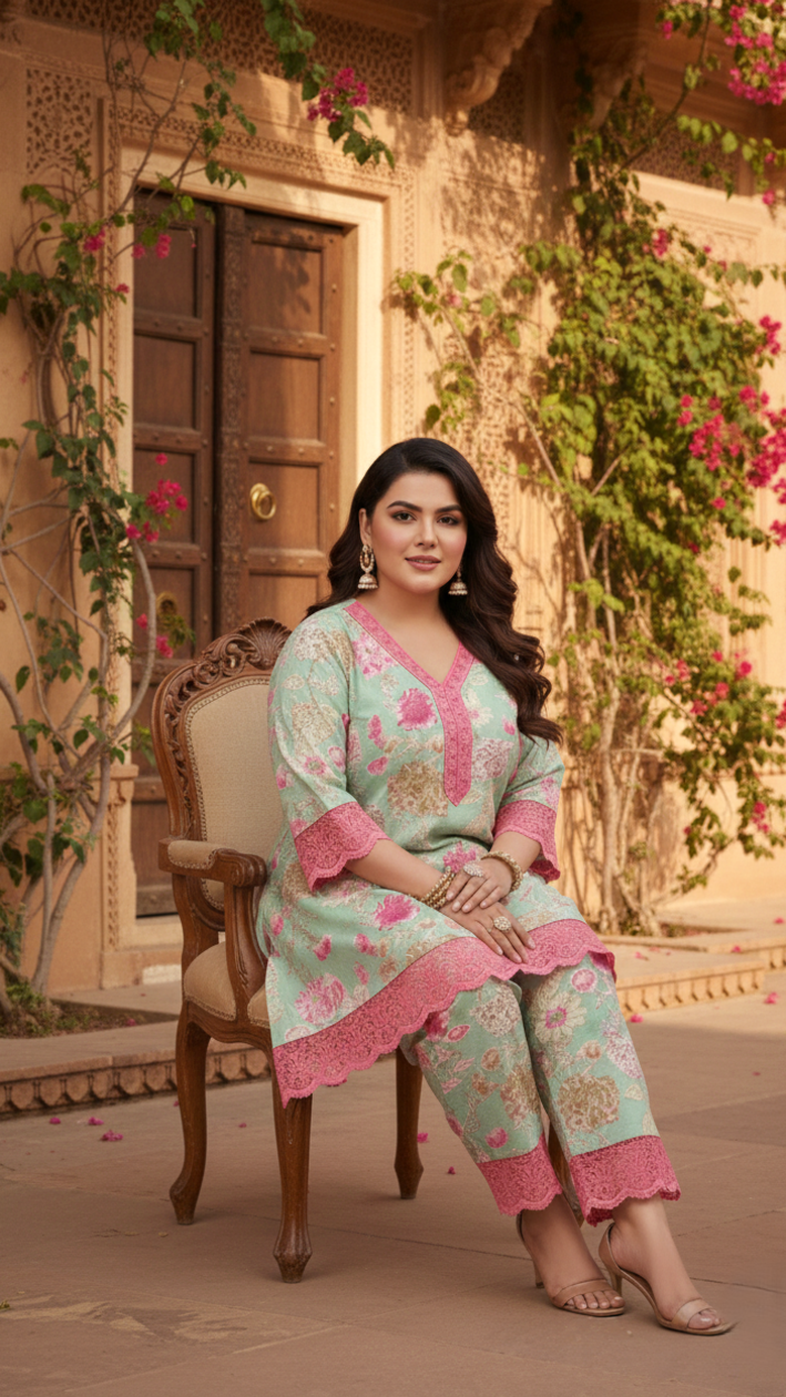 Mint And Pink Organza Lace Co-ord Set