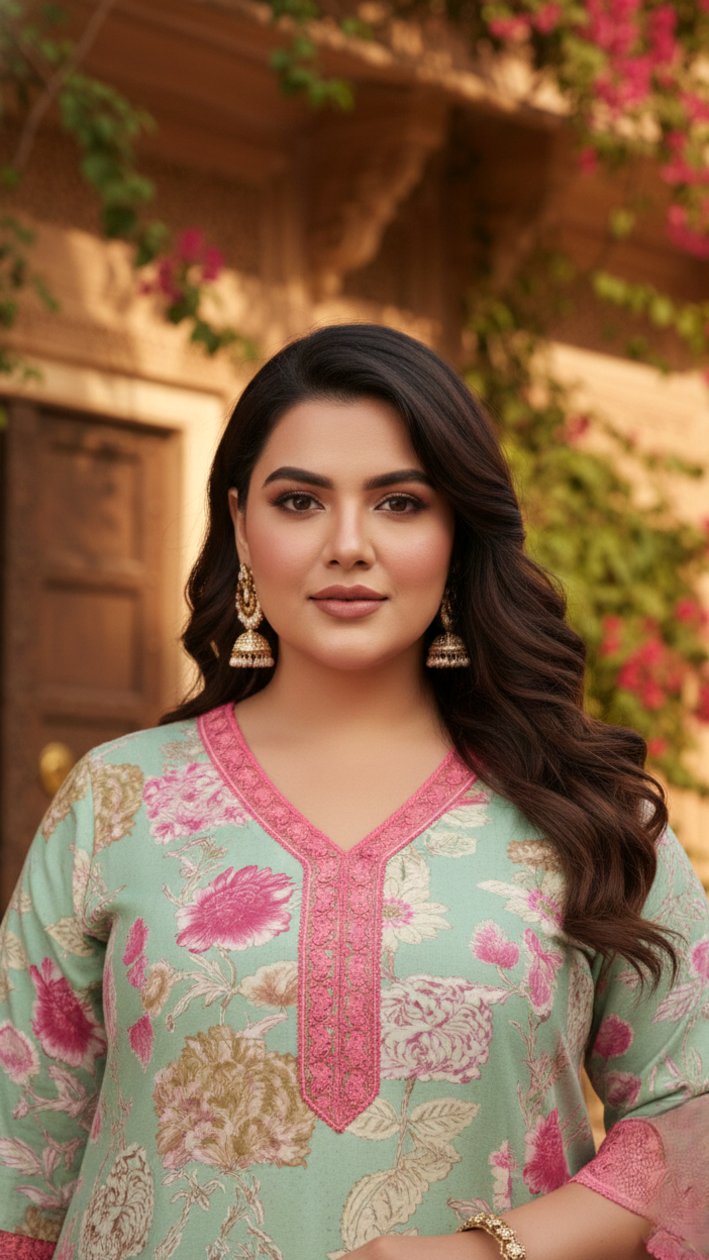 Mint And Pink Organza Lace Co-ord Set