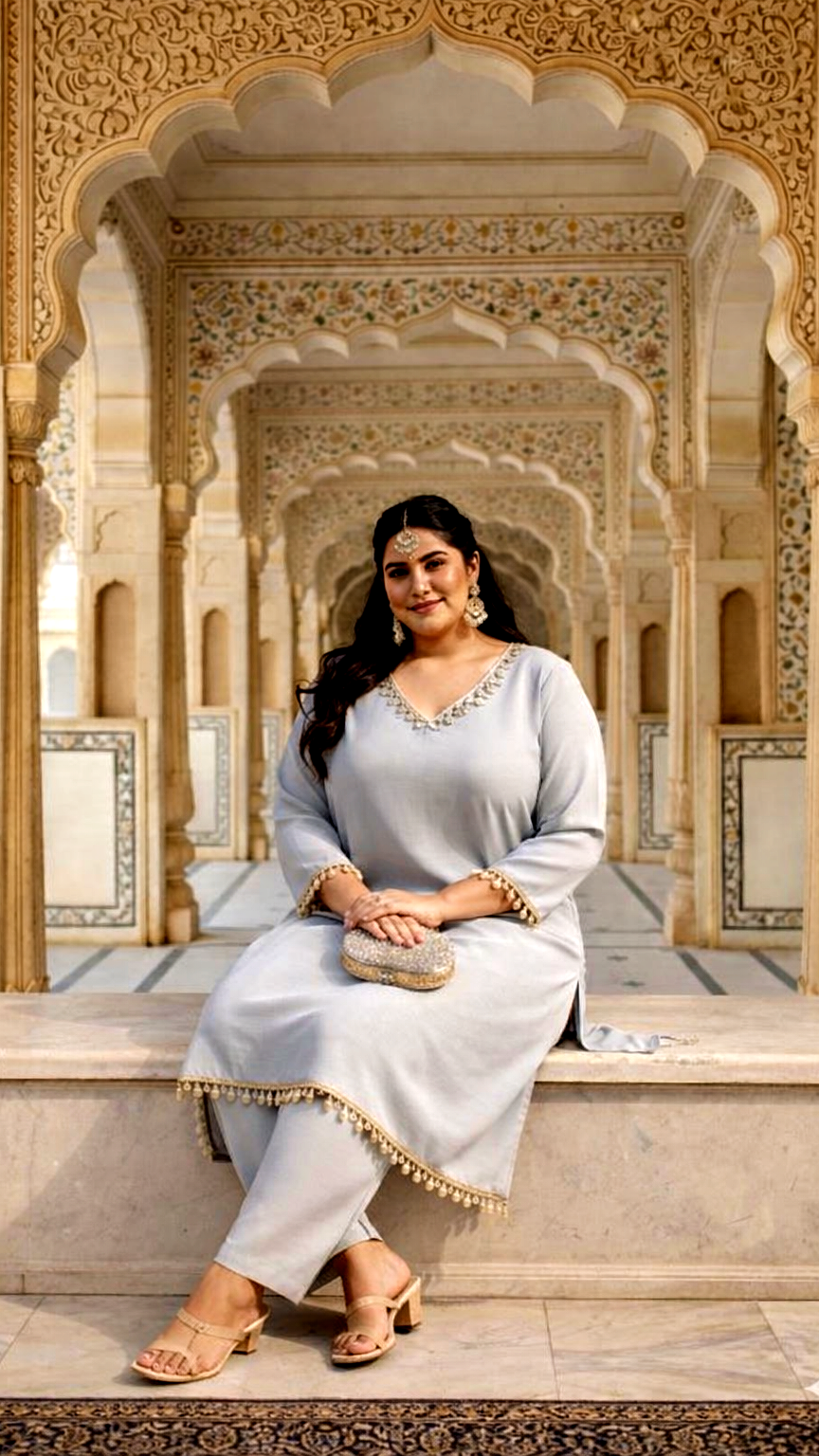 Sand Beige Silk Kurta Set with Mirror Lace