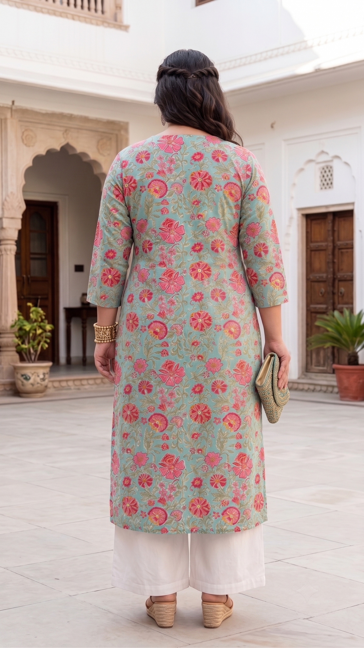 Plus Size Cotton Printed Kurta – Blue Floral Straight Fit Kurta