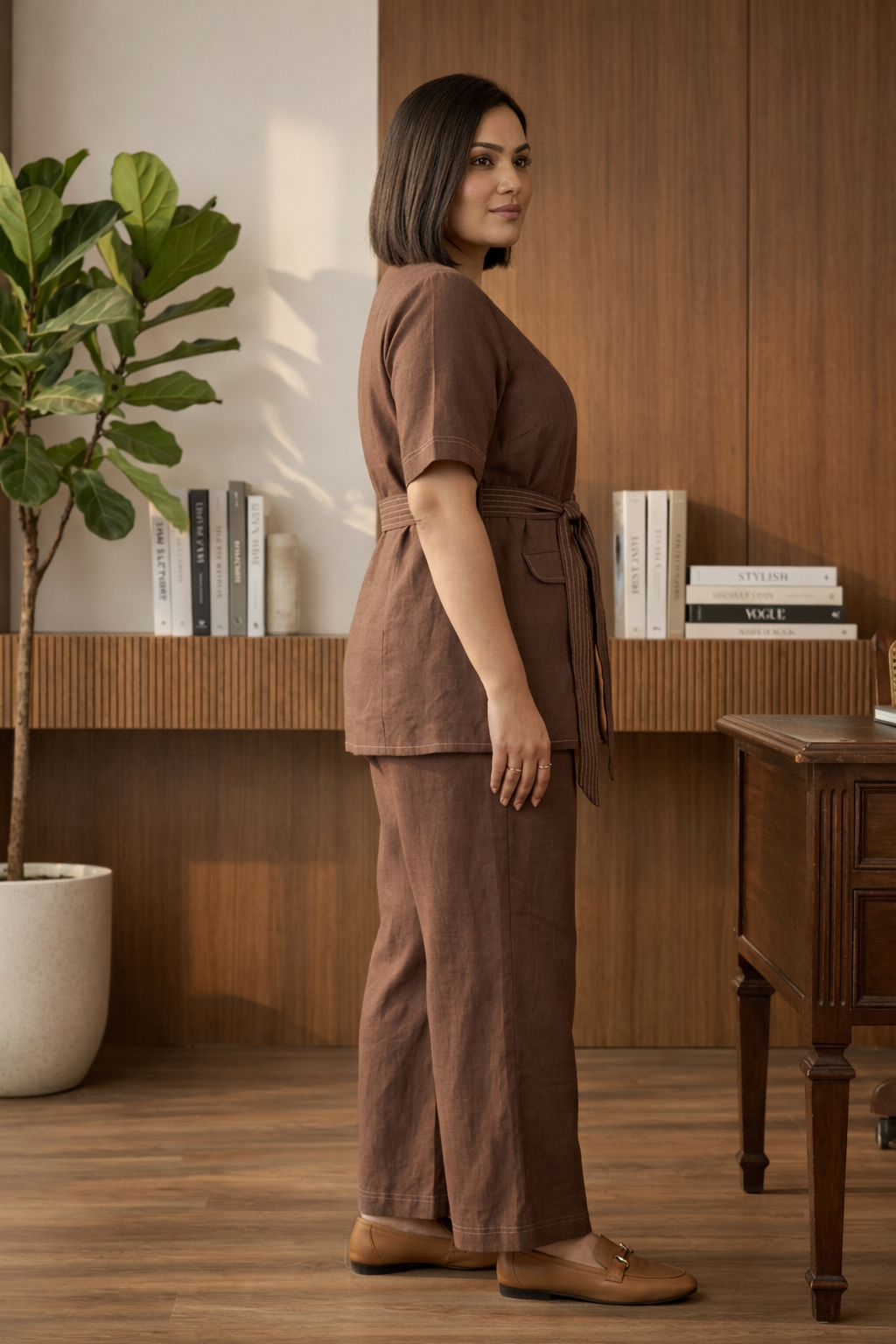 Bossy Mocha Brown Belted Linen Co-ord Set- Jacket Top & Bottom