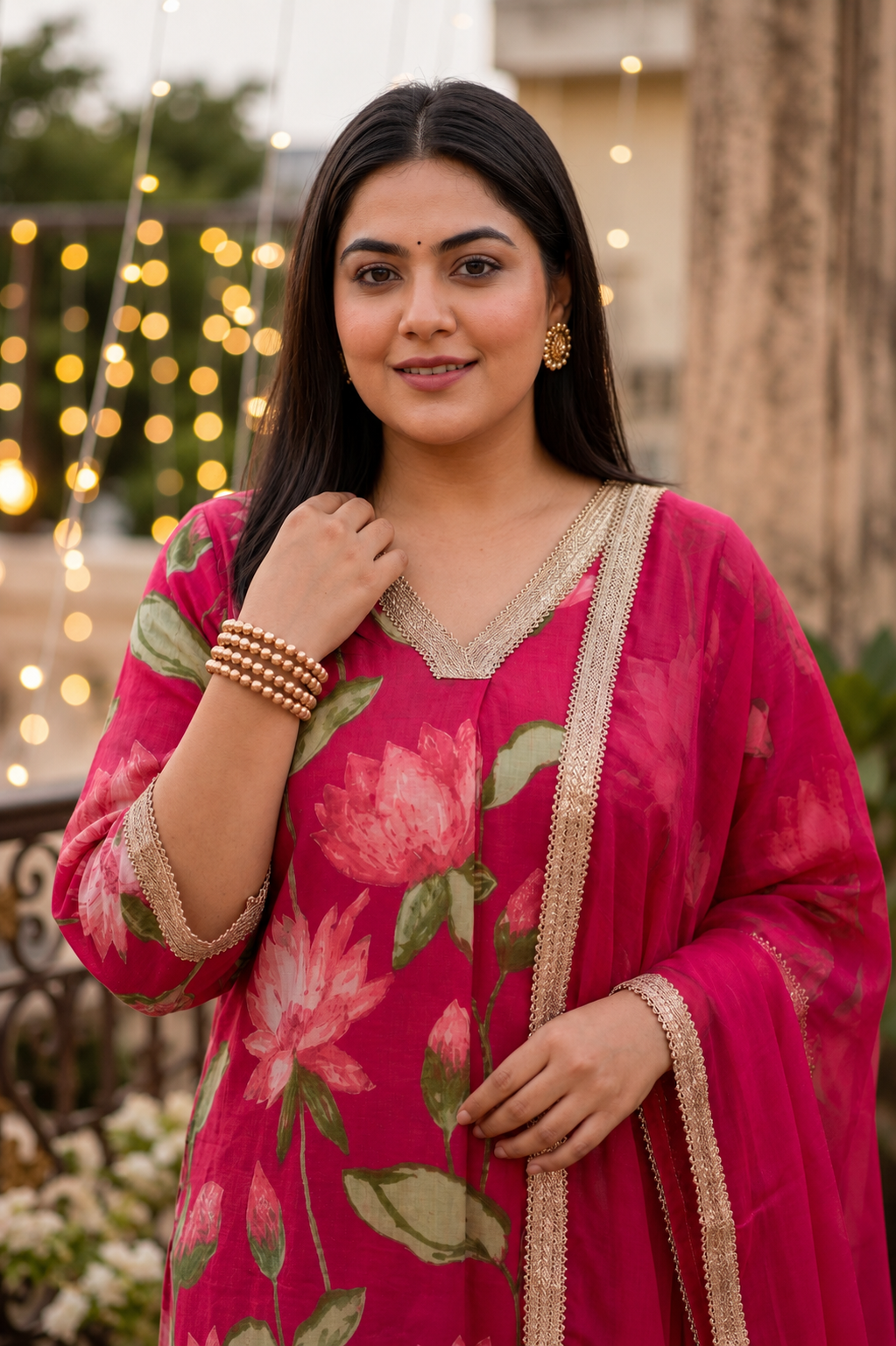 Pink Lotus Print Cotton Cambric Kurta Set with Dupatta