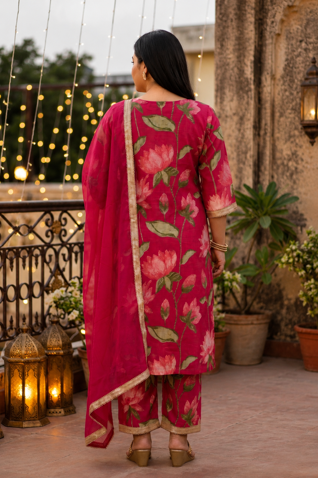 Pink Lotus Print Cotton Cambric Kurta Set with Dupatta